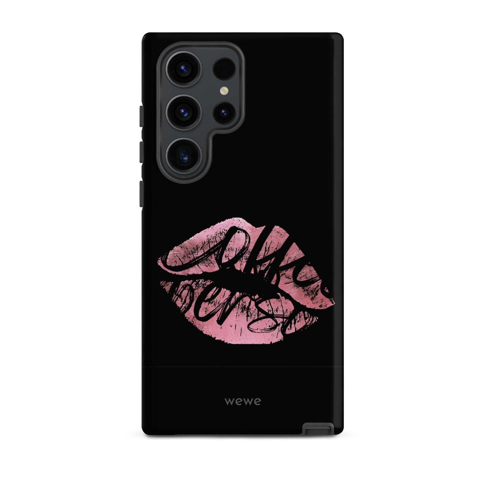 Custom samsung galaxy s23 ultra  Phone case with a black background and a glossy, textured pink lips graphic with the words 'Live on'.