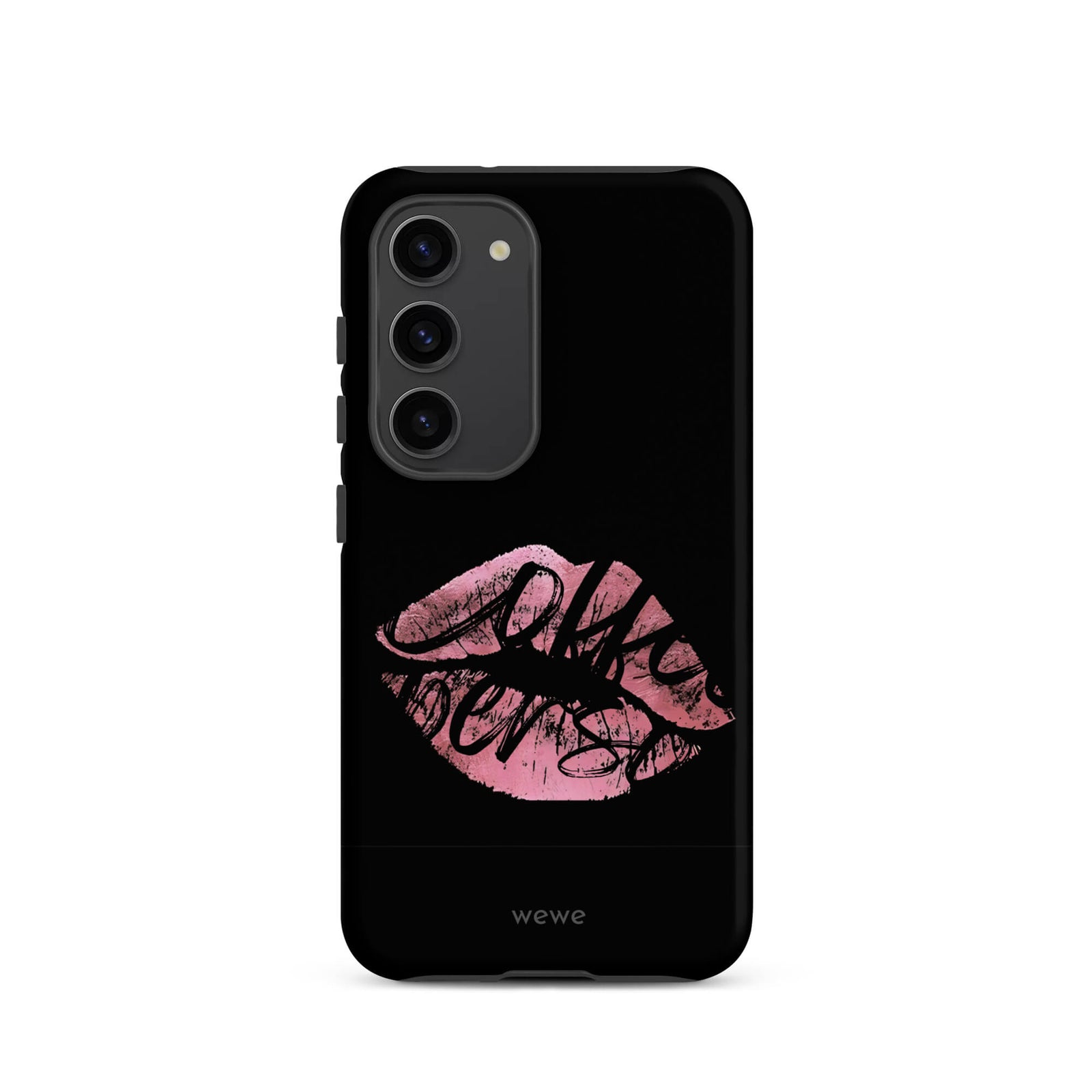Custom samsung galaxy s23 Phone case with a black background and a glossy, textured pink lips graphic with the words 'Live on'.