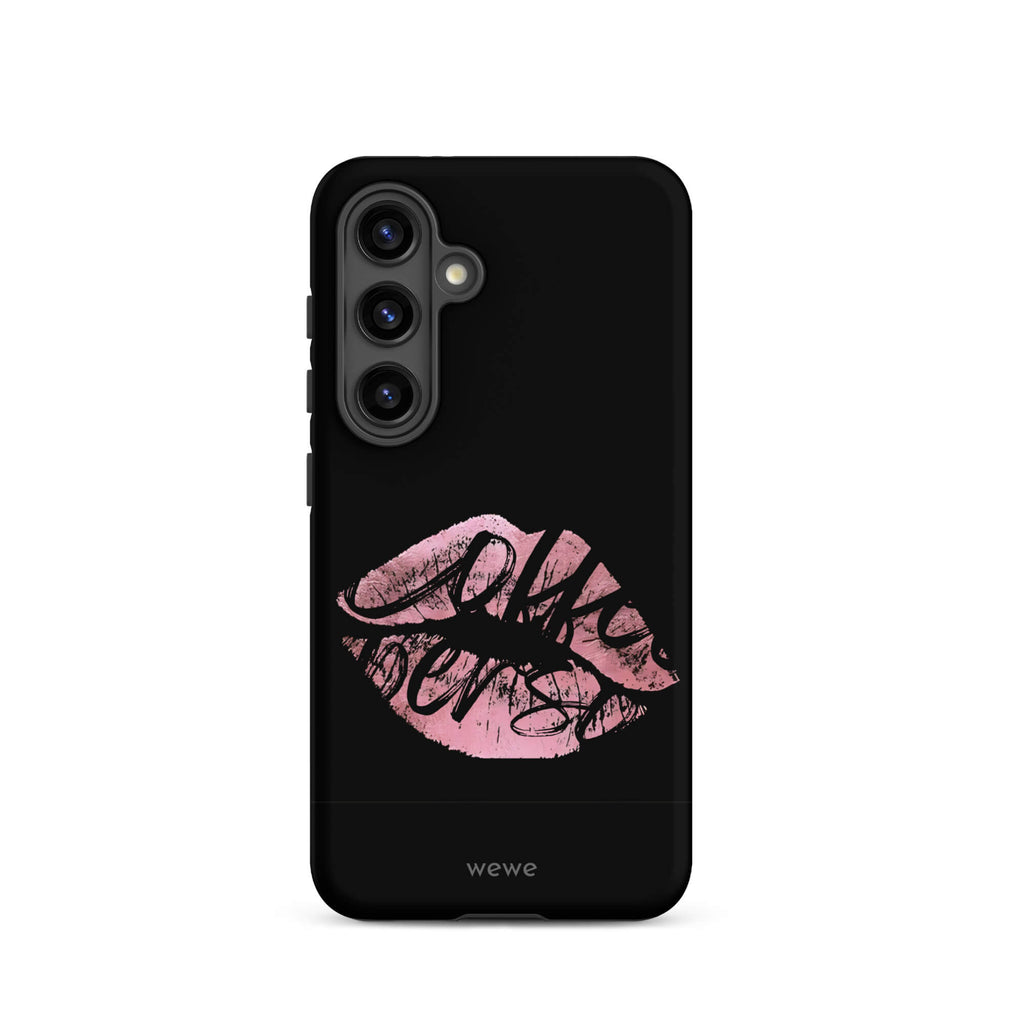 Custom samsung galaxy s24 Phone case with a black background and a glossy, textured pink lips graphic with the words 'Live on'.