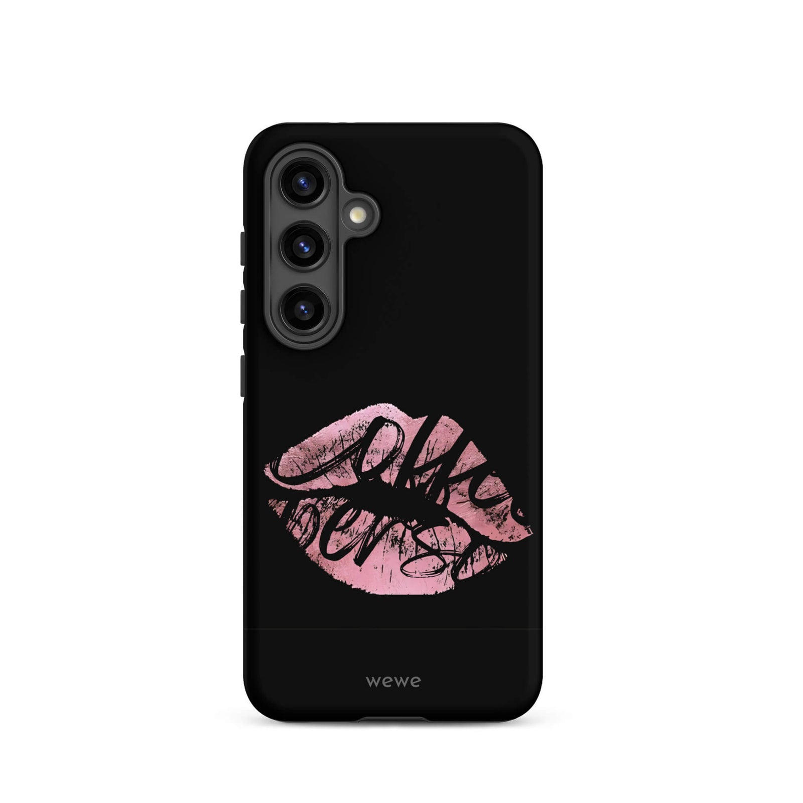 Custom samsung galaxy s24 Phone case with a black background and a glossy, textured pink lips graphic with the words 'Live on'.