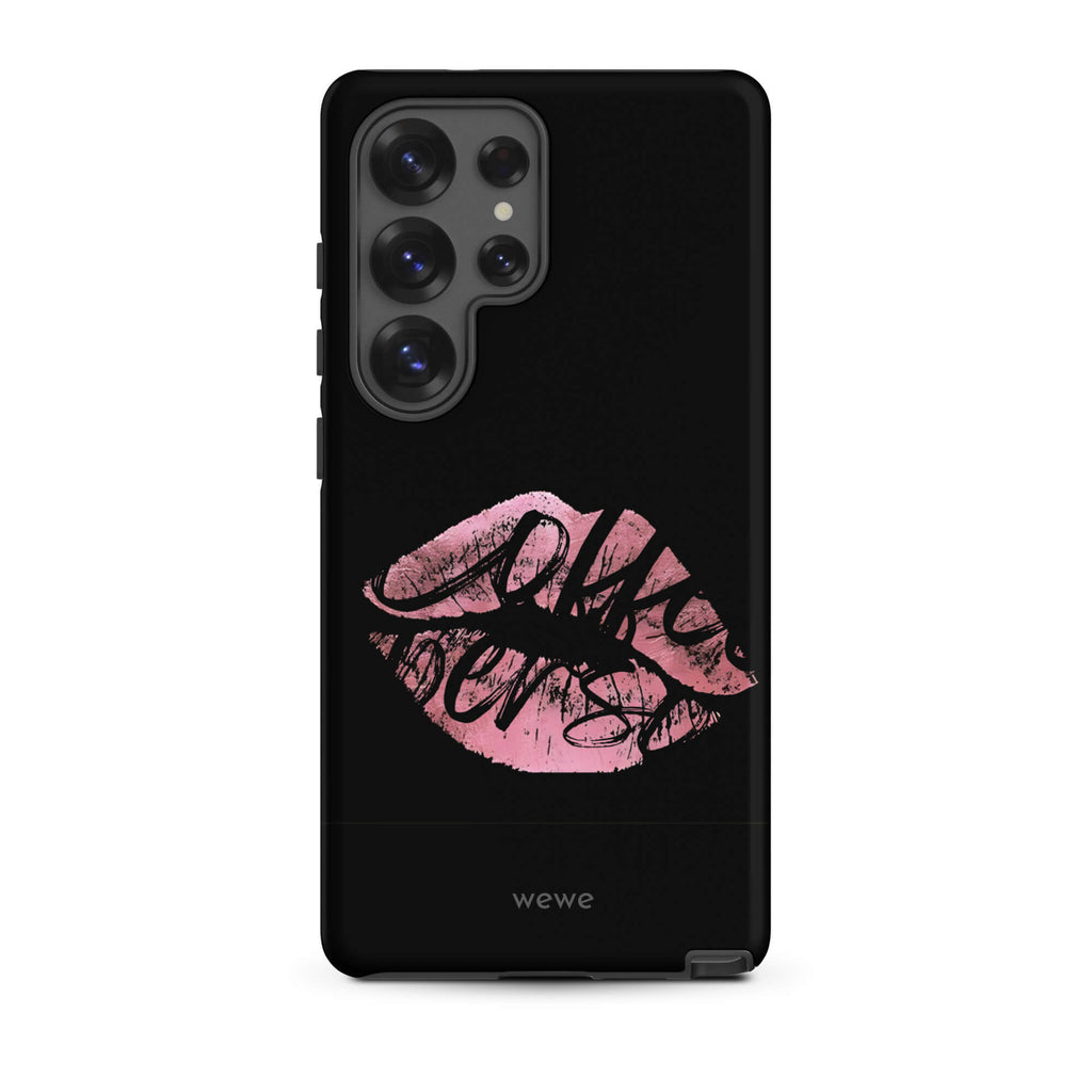 Custom samsung galaxy s25 ultra  Phone case with a black background and a glossy, textured pink lips graphic with the words 'Live on'.