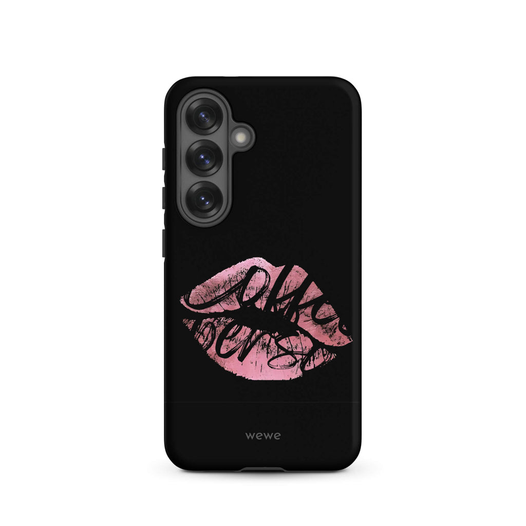 Custom samsung galaxy s25 Phone case with a black background and a glossy, textured pink lips graphic with the words 'Live on'.