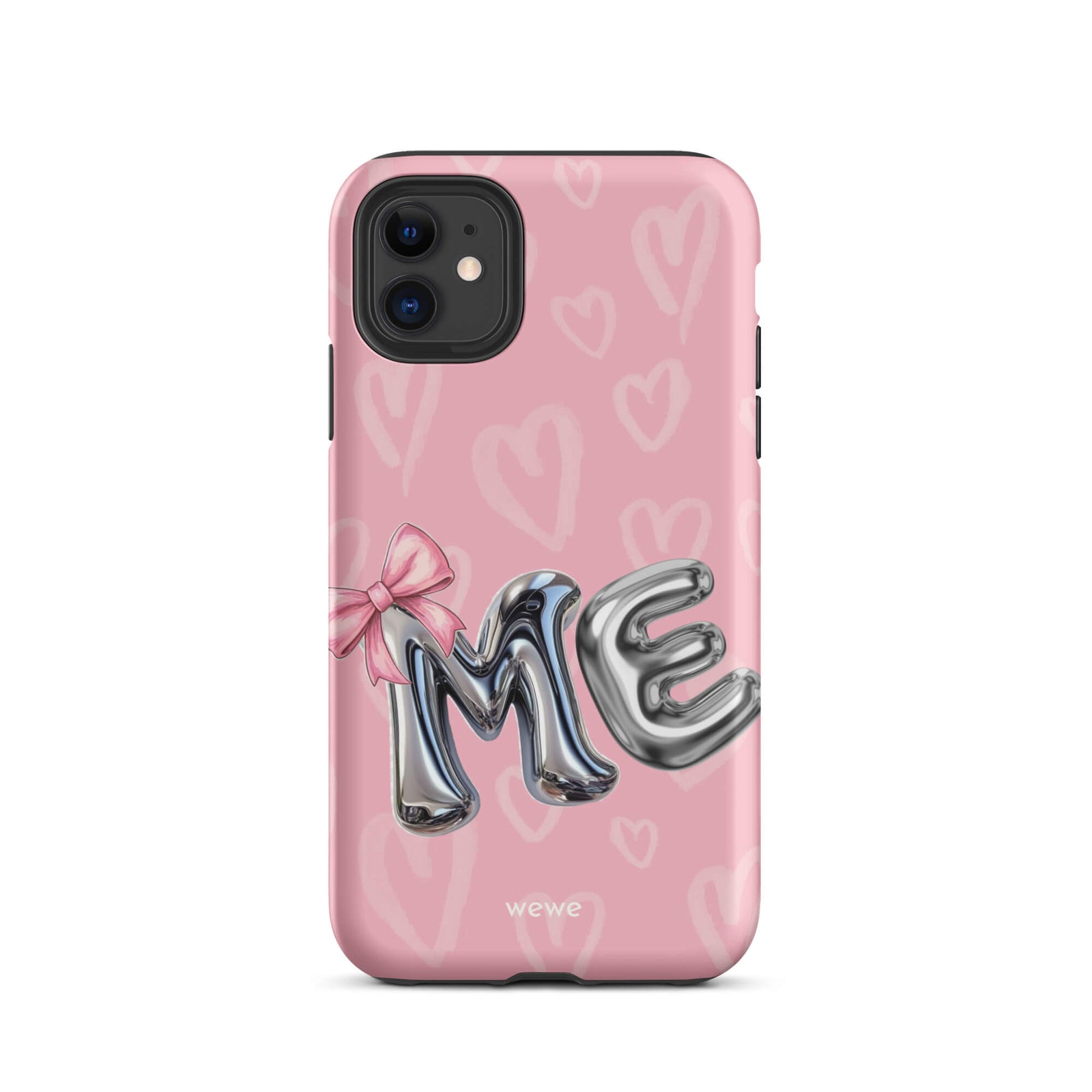 Custom iPhone case 11 with pink background,pink bow,and silver chrome 'ME' balloon letters.