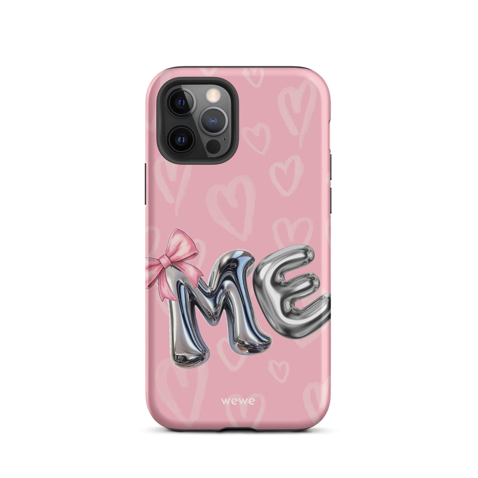 Custom iPhone case 12 pro with pink background,pink bow,and silver chrome 'ME' balloon letters.