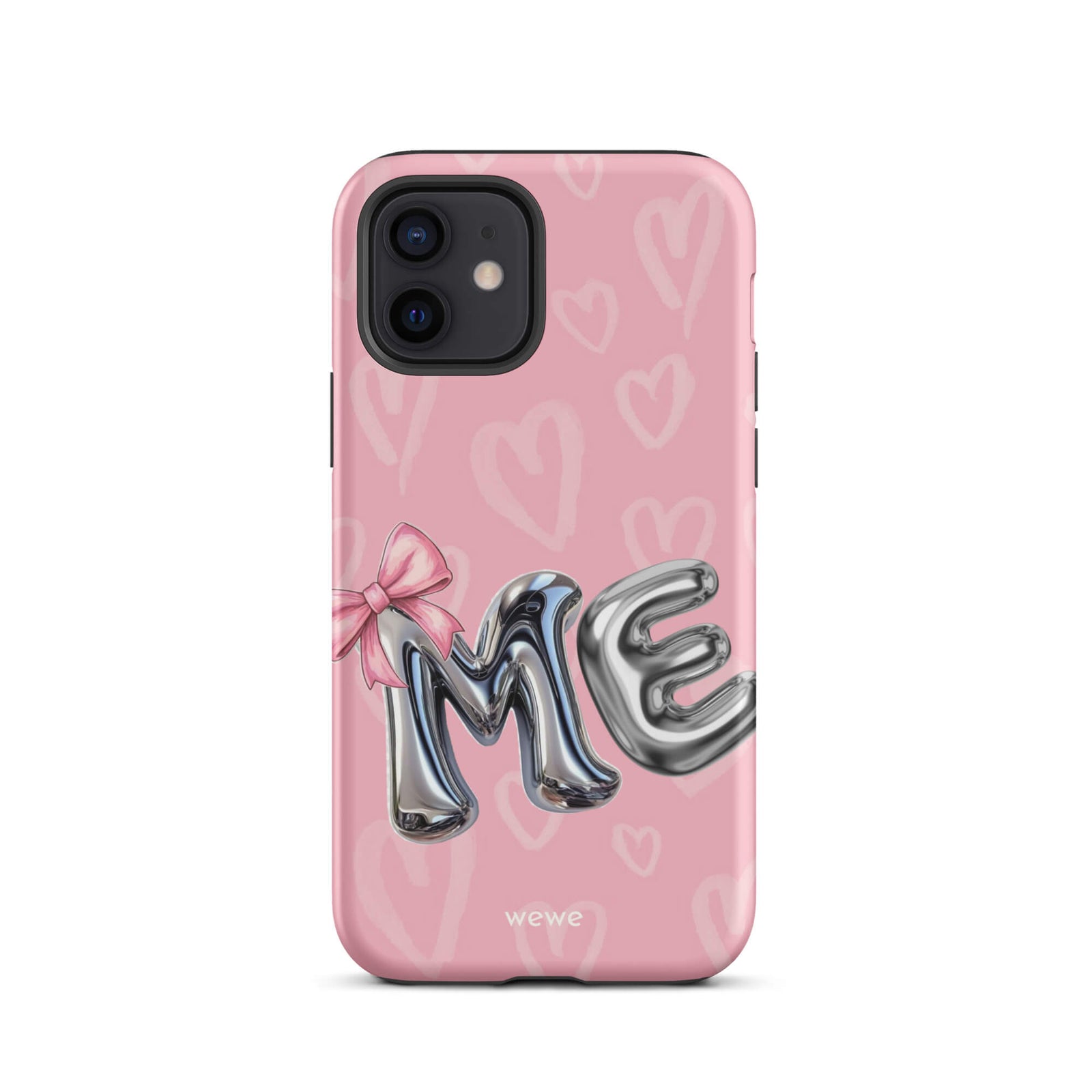Custom iPhone case 12 with pink background,pink bow,and silver chrome 'ME' balloon letters.