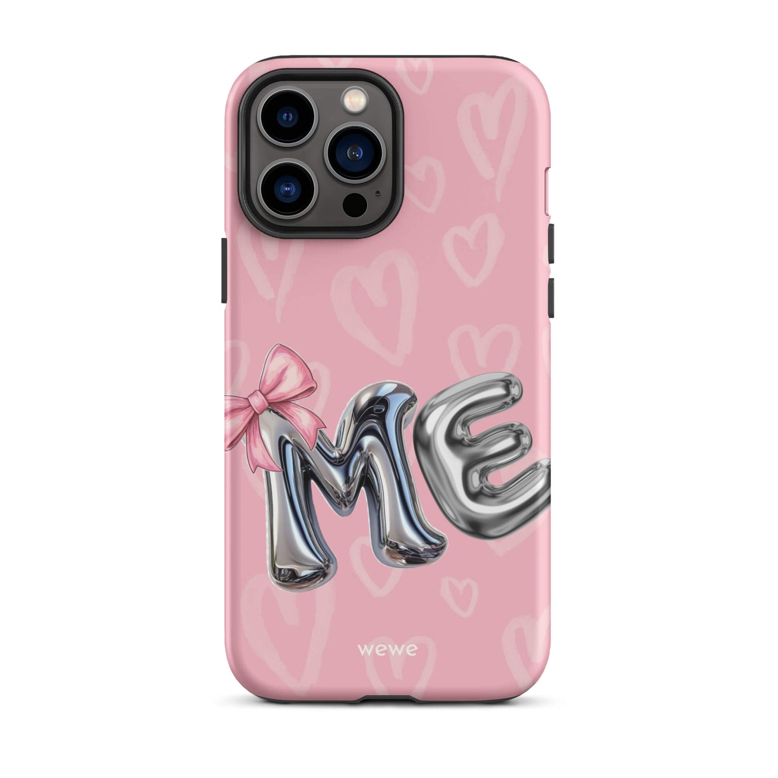 Custom iPhone case 13 pro with pink background,pink bow,and silver chrome 'ME' balloon letters.