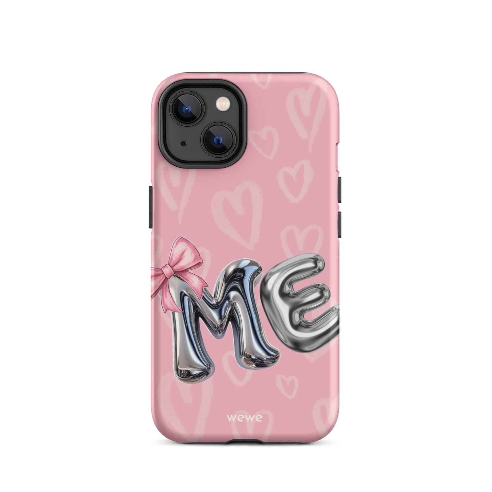 Custom iPhone case 14 with pink background,pink bow,and silver chrome 'ME' balloon letters.
