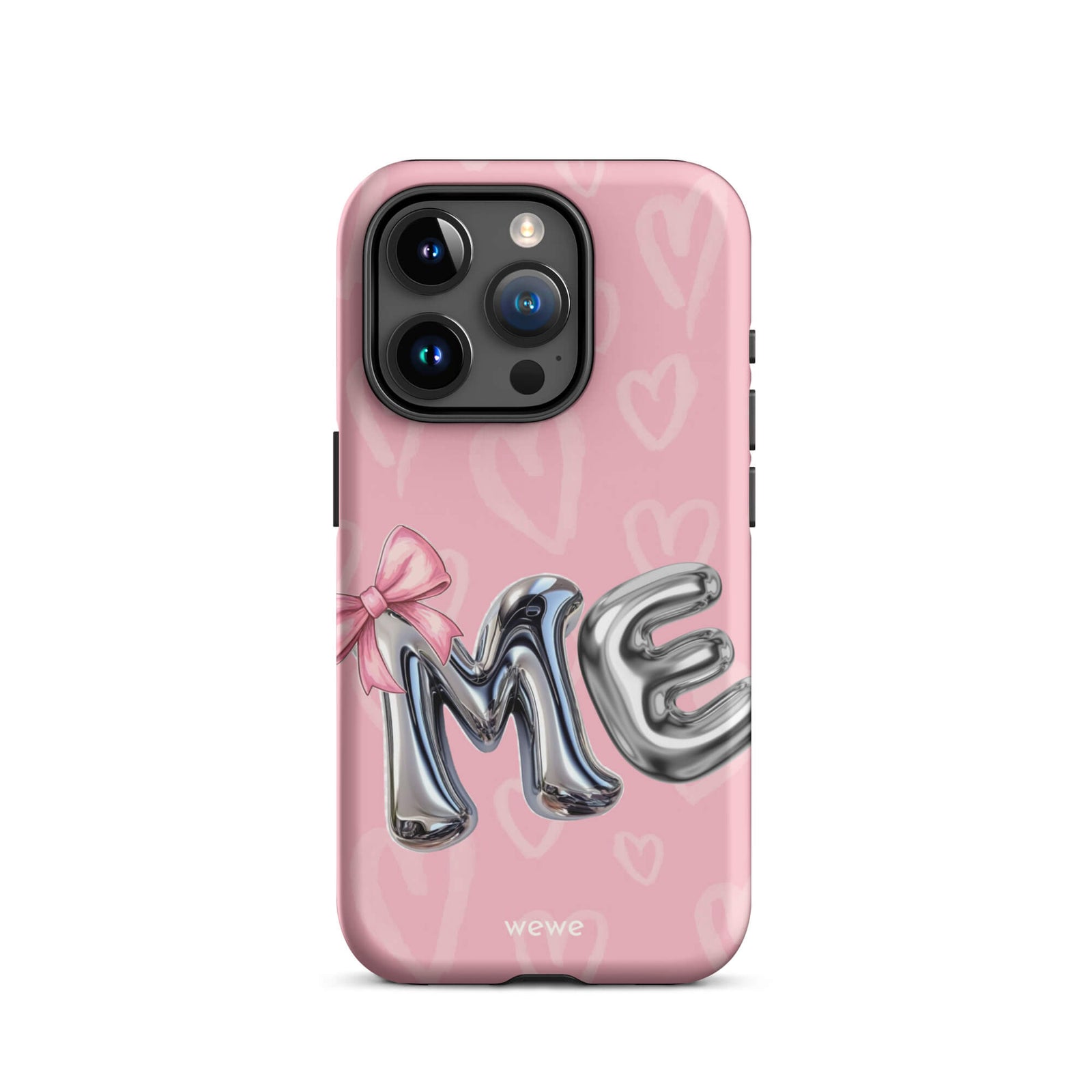 Custom iPhone case 15 pro with pink background,pink bow,and silver chrome 'ME' balloon letters.