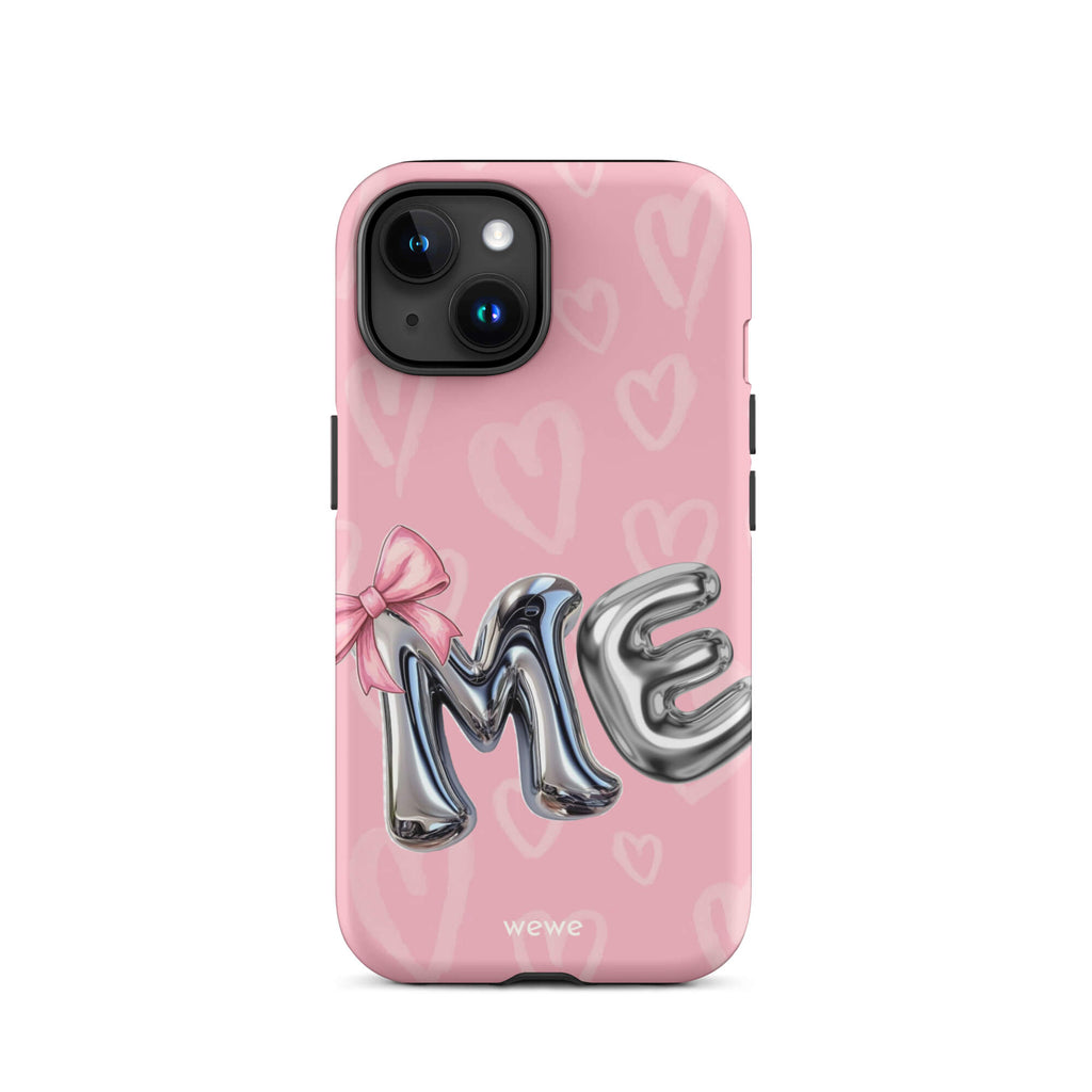 Custom iPhone case 15 with pink background,pink bow,and silver chrome 'ME' balloon letters.