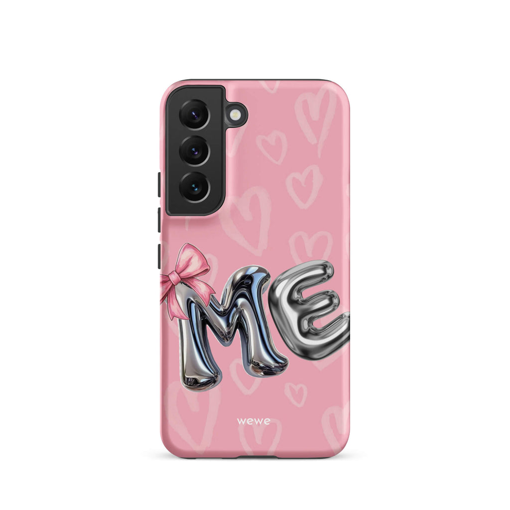 Custom samsung galaxy s22 Phone case with pink background,pink bow,and silver chrome 'ME' balloon letters.