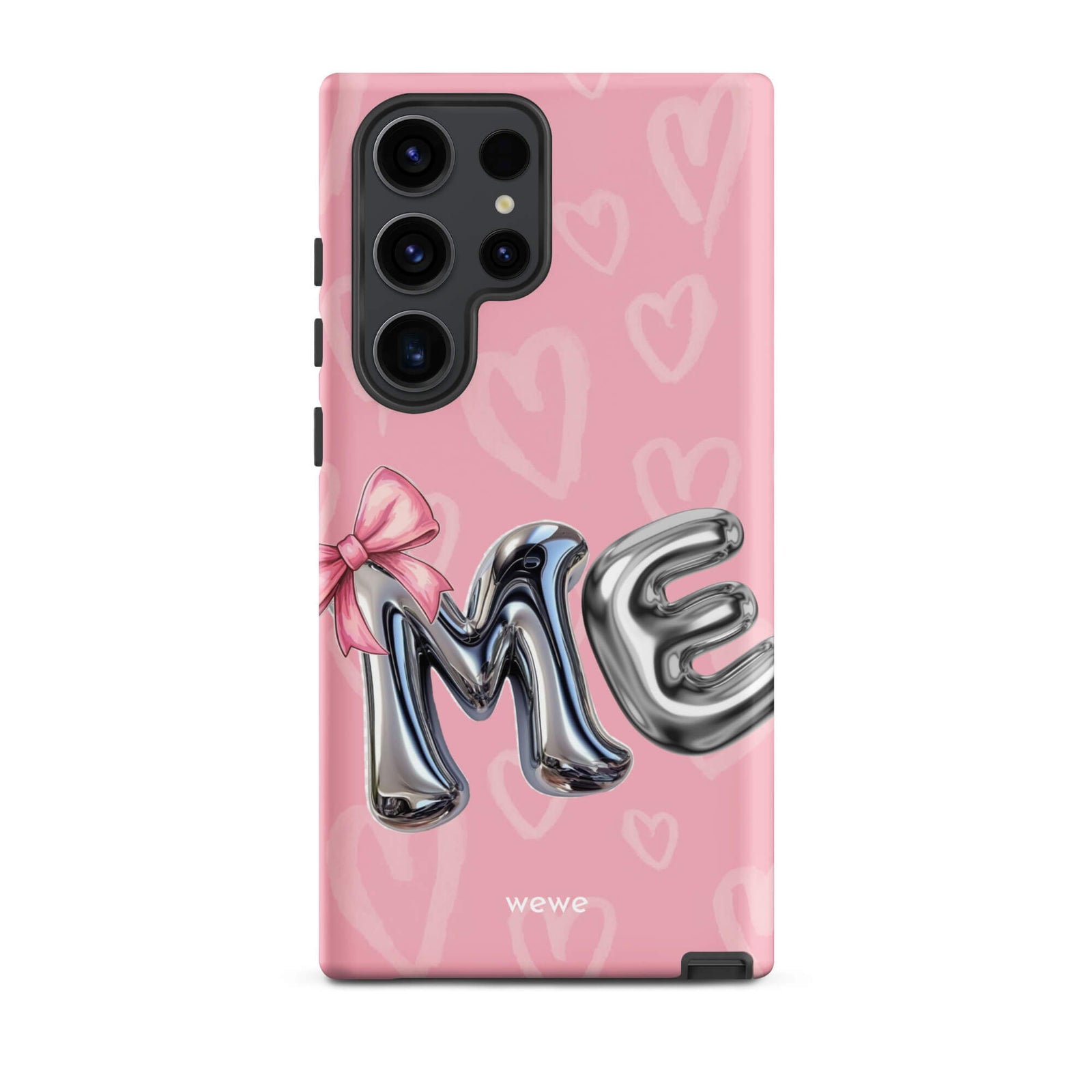 Custom samsung galaxy s23 ultra  Phone case with pink background,pink bow,and silver chrome 'ME' balloon letters.