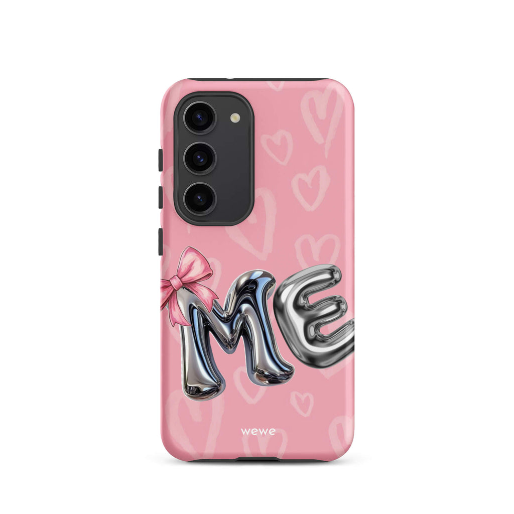 Custom samsung galaxy s23 Phone case with pink background,pink bow,and silver chrome 'ME' balloon letters.