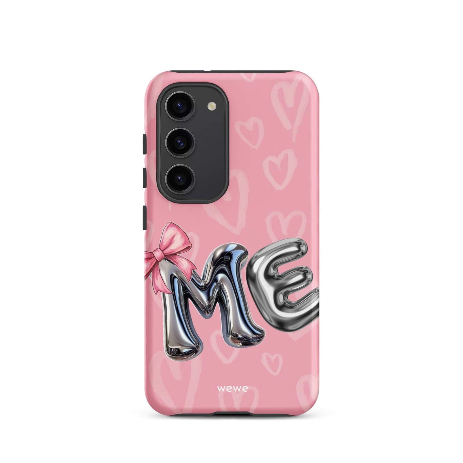 Custom samsung galaxy s23 Phone case with pink background,pink bow,and silver chrome 'ME' balloon letters.