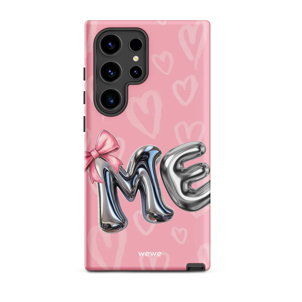 Custom samsung galaxy s24 ultra  Phone case with pink background,pink bow,and silver chrome 'ME' balloon letters.