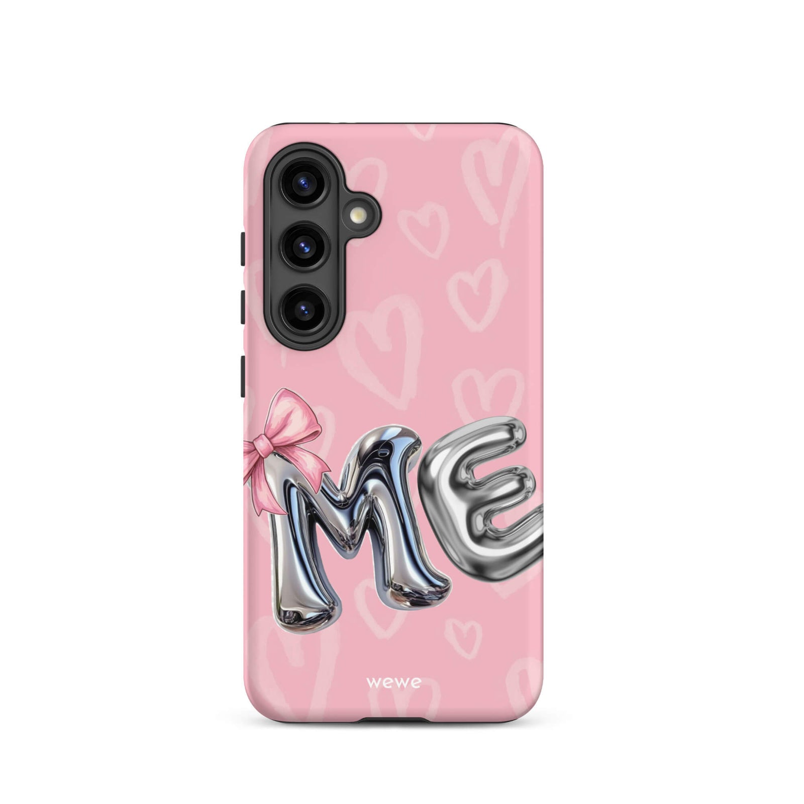 Custom samsung galaxy s24 Phone case with pink background,pink bow,and silver chrome 'ME' balloon letters.