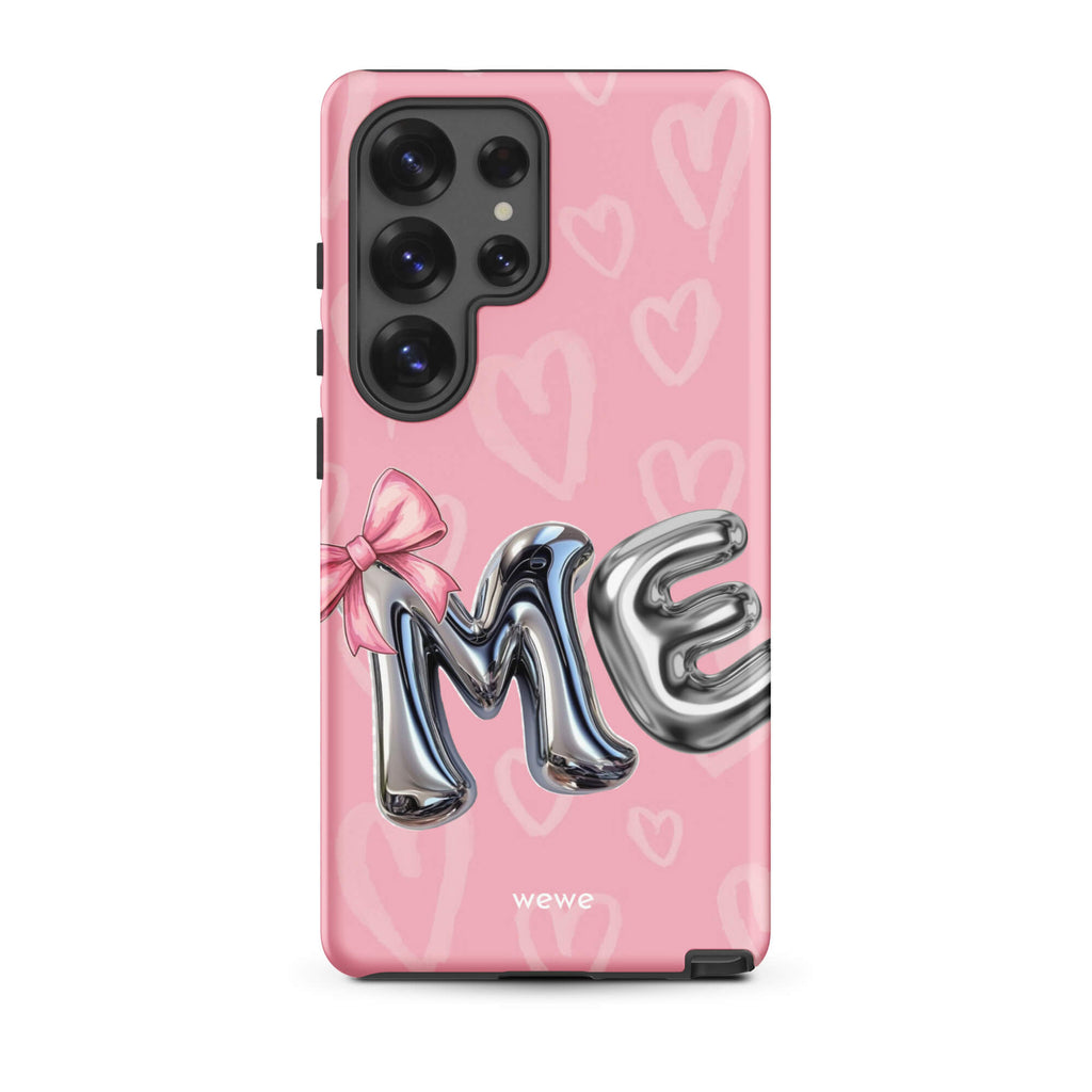 Custom samsung galaxy s25 ultra  Phone case with pink background,pink bow,and silver chrome 'ME' balloon letters.