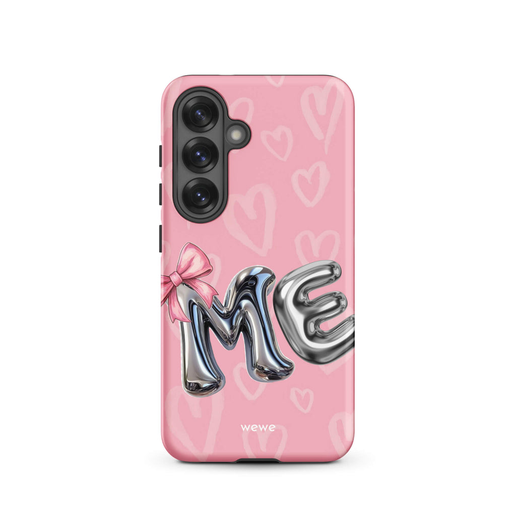 Custom samsung galaxy s25 Phone case with pink background,pink bow,and silver chrome 'ME' balloon letters.
