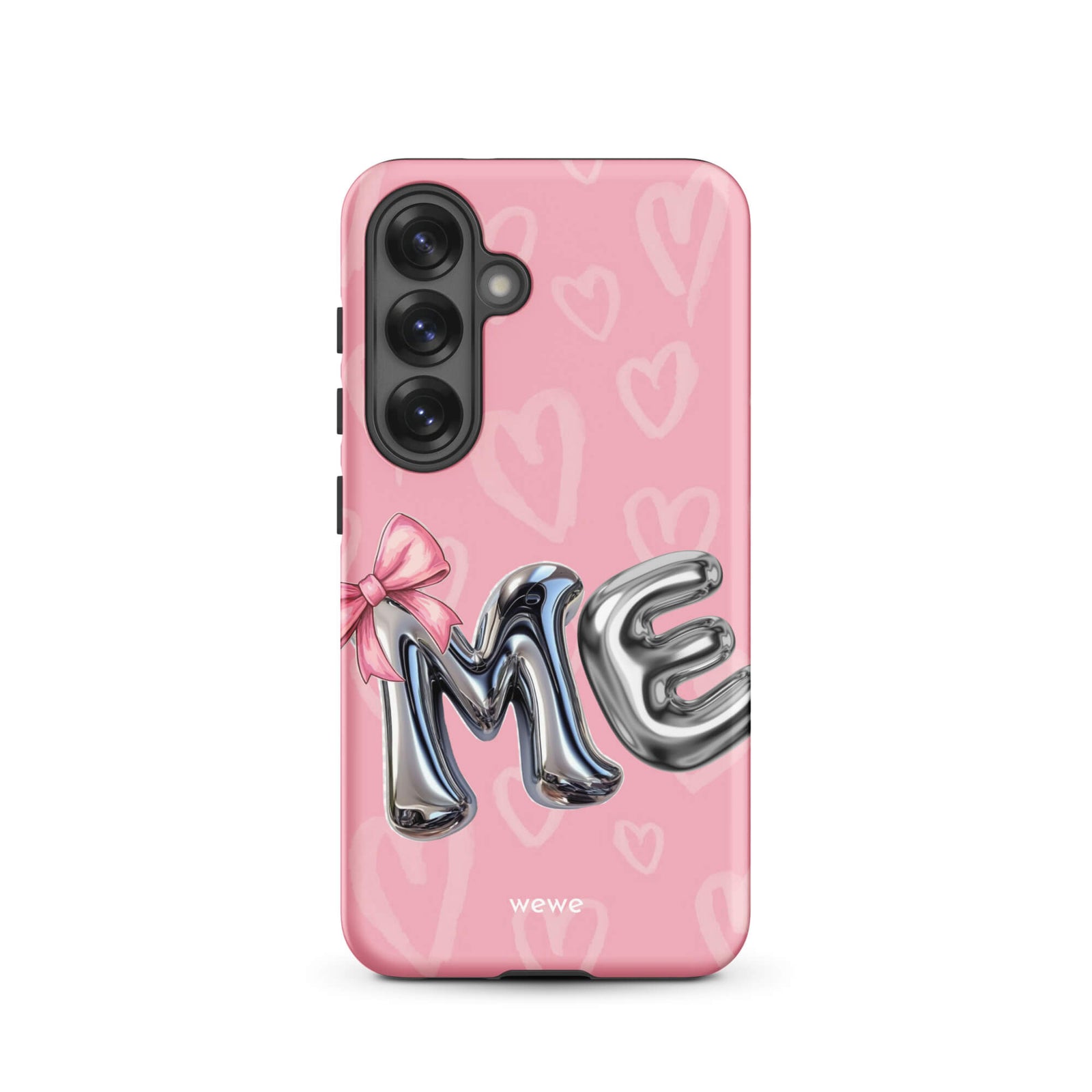 Custom samsung galaxy s25 Phone case with pink background,pink bow,and silver chrome 'ME' balloon letters.
