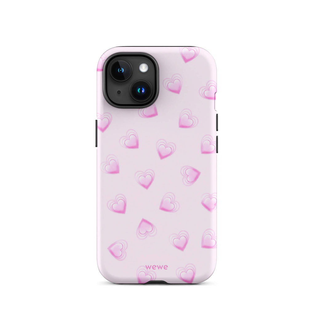 Pink Mini Heart Phone Case featuring scattered small gradient-pink hearts and layered outlines on a pale blush background