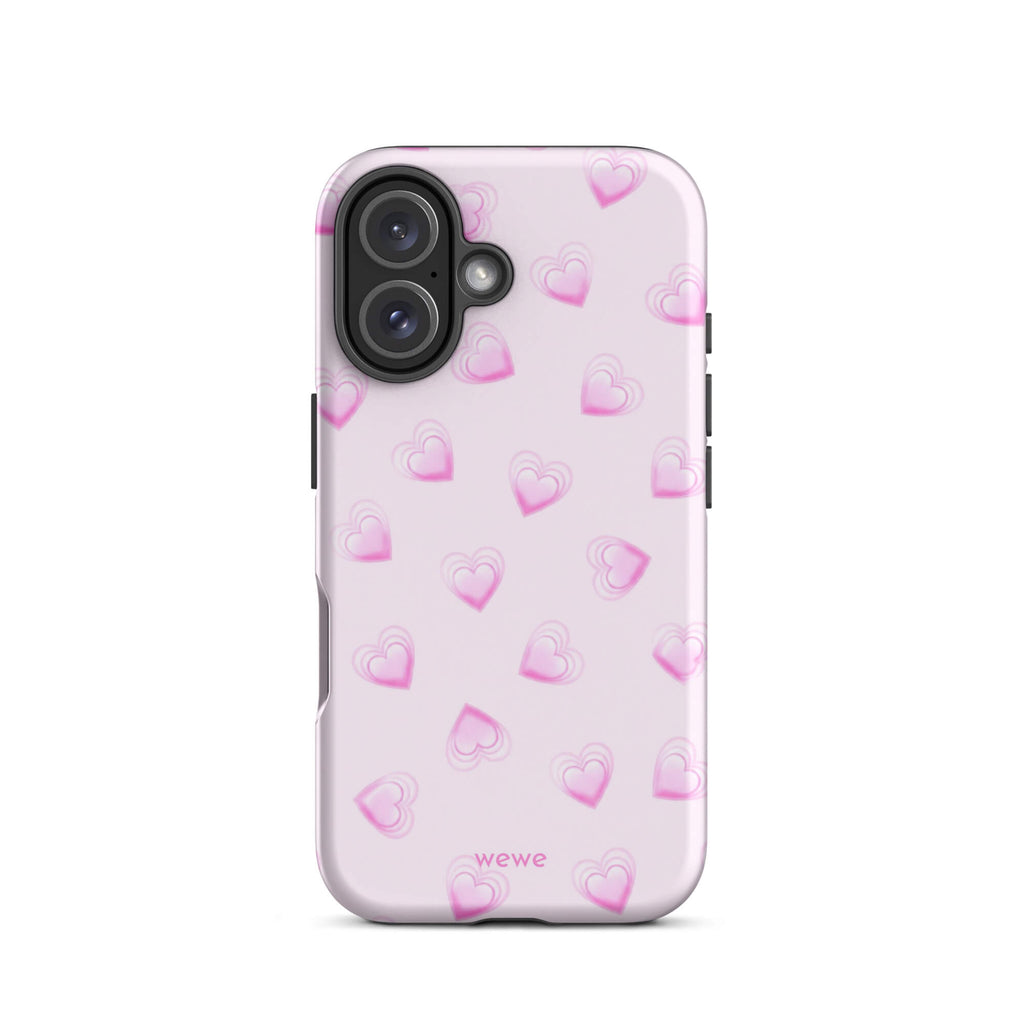 Pink Mini Heart Phone Case featuring scattered small gradient-pink hearts and layered outlines on a pale blush background