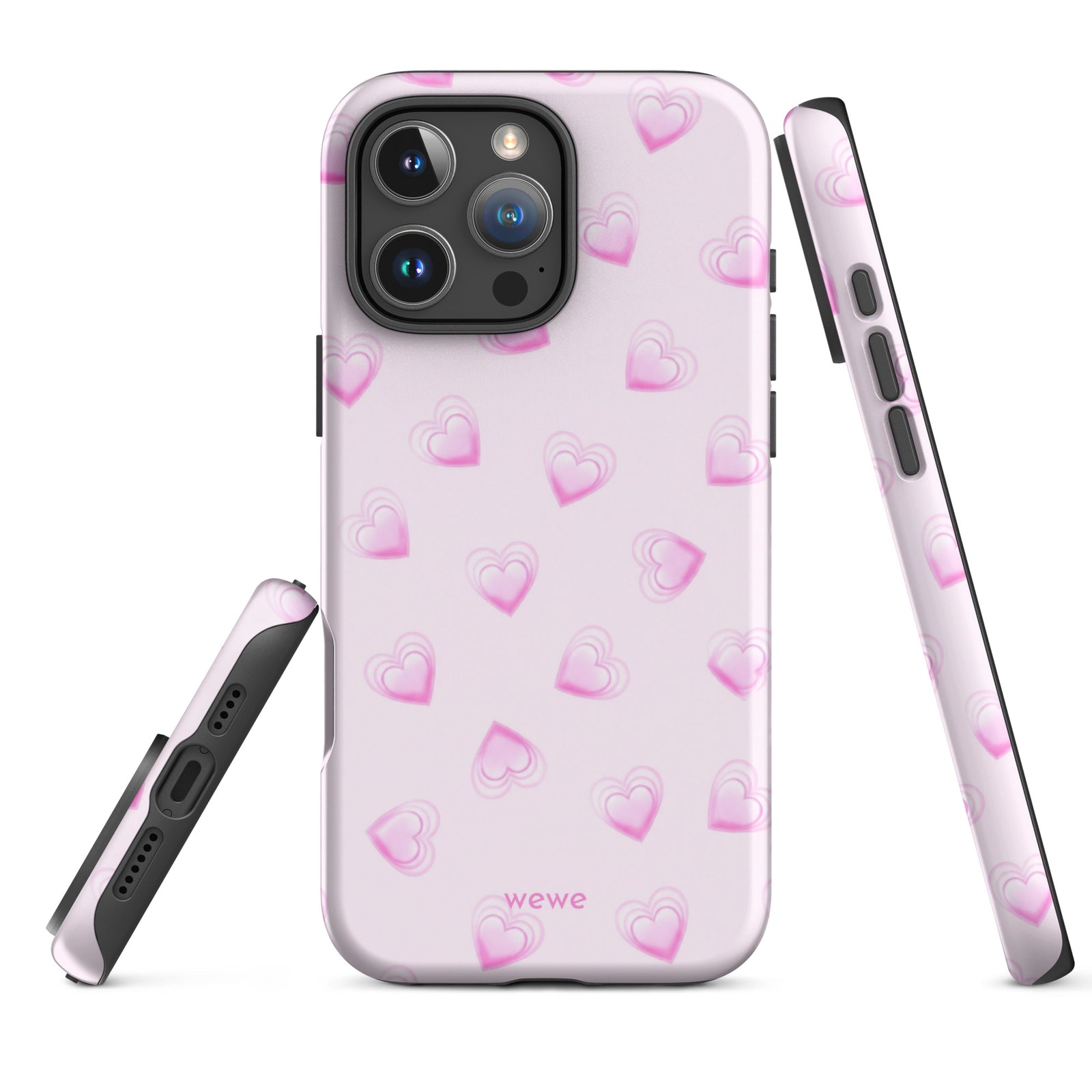 Pink Mini Heart Phone Case featuring scattered small gradient-pink hearts and layered outlines on a pale blush background