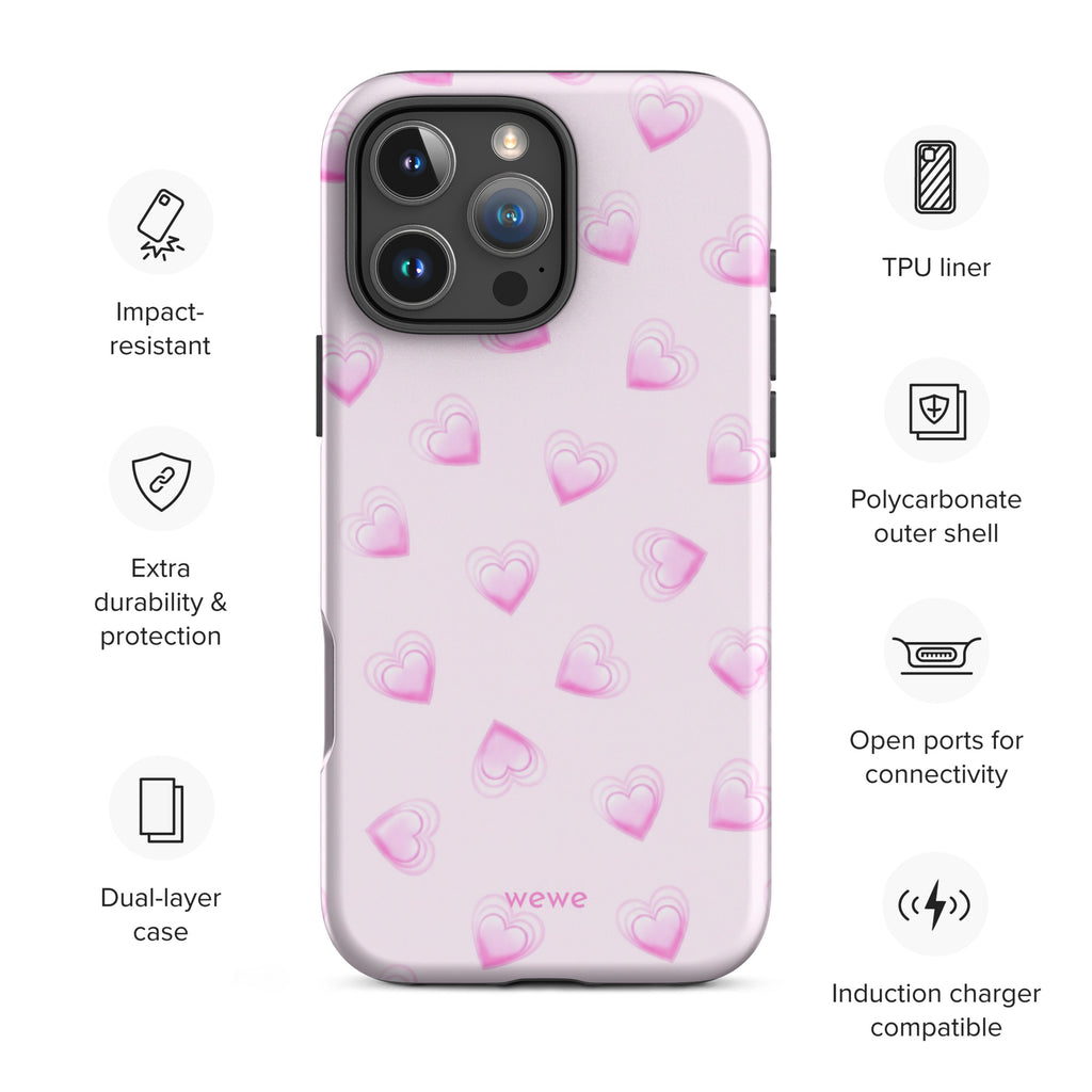 Pink Mini Heart Phone Case featuring scattered small gradient-pink hearts and layered outlines on a pale blush background