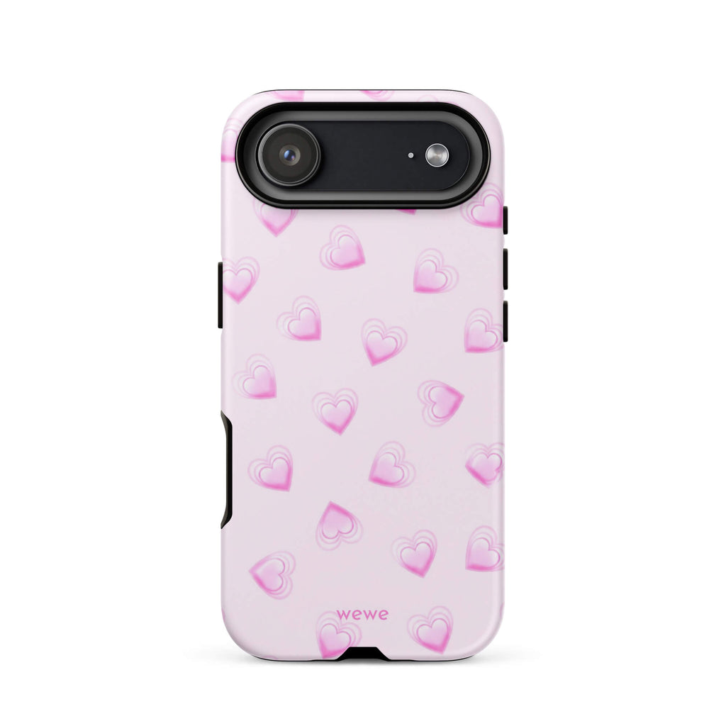 Pink Mini Heart Phone Case featuring scattered small gradient-pink hearts and layered outlines on a pale blush background