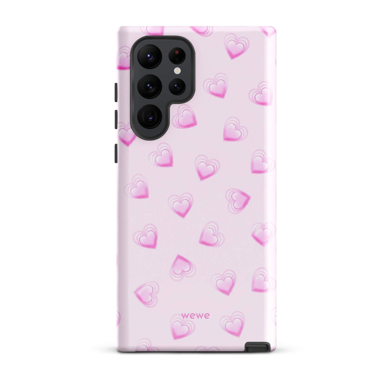 Pink Mini Heart Phone Case featuring scattered small gradient-pink hearts and layered outlines on a pale blush background
