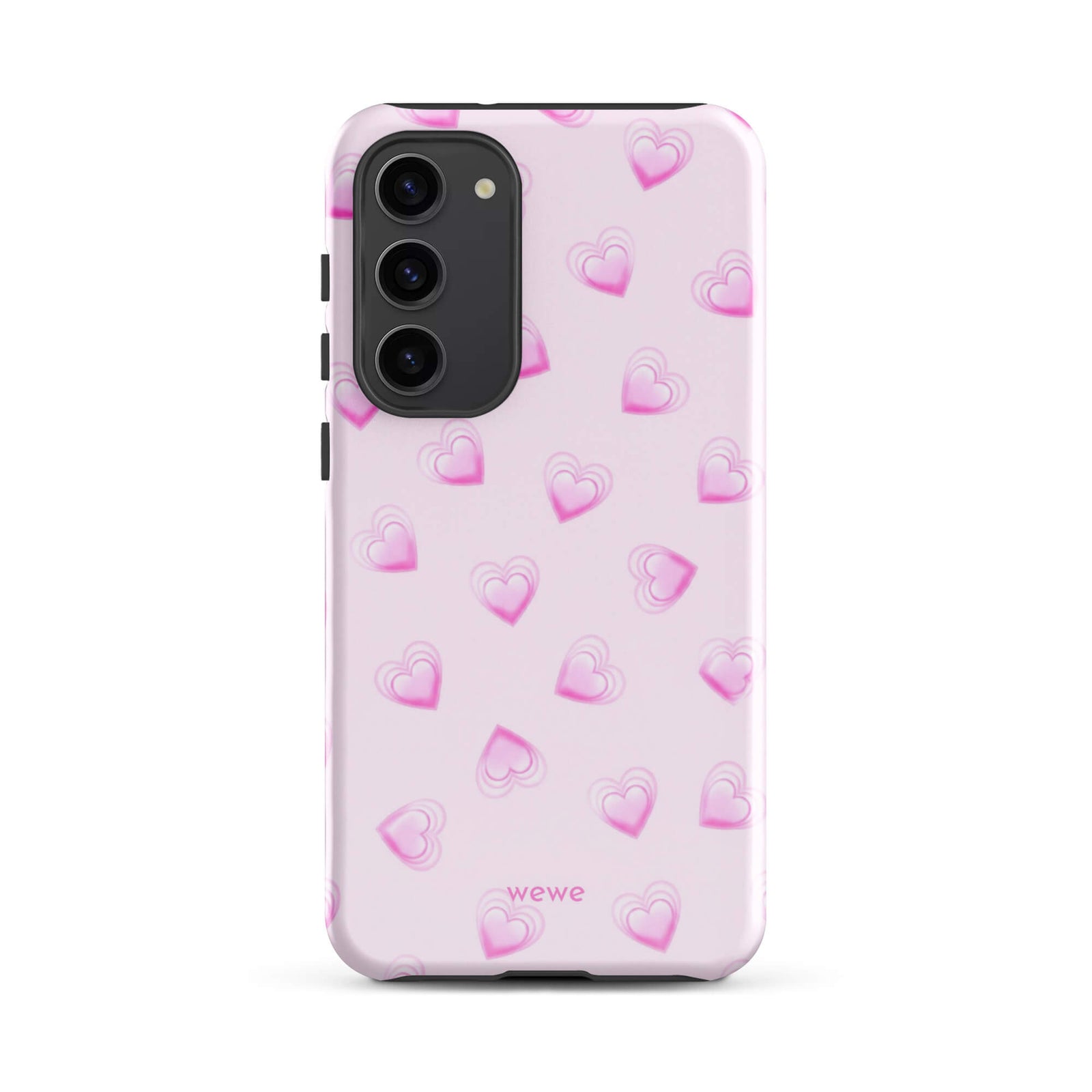 Pink Mini Heart Phone Case featuring scattered small gradient-pink hearts and layered outlines on a pale blush background