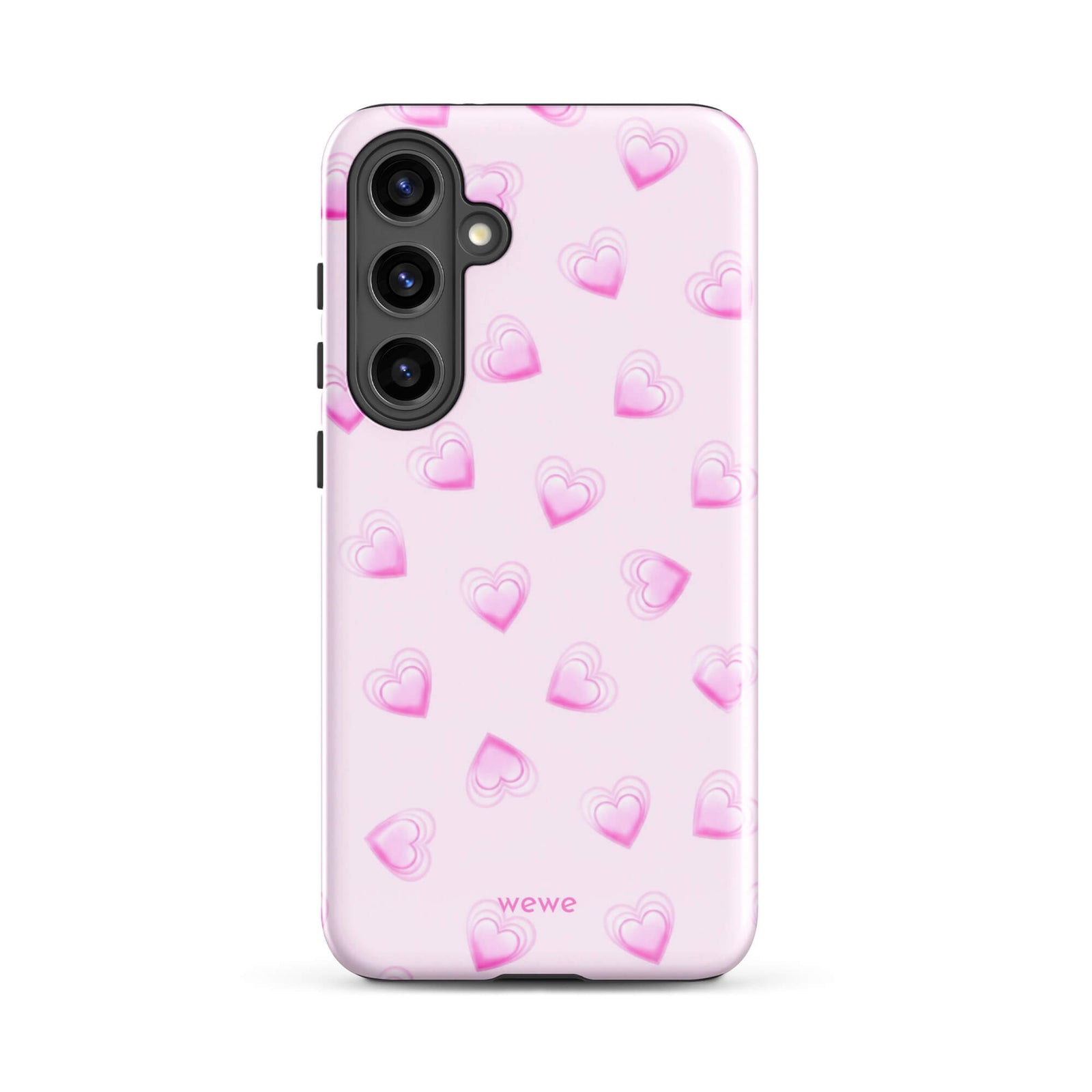 Pink Mini Heart Phone Case featuring scattered small gradient-pink hearts and layered outlines on a pale blush background