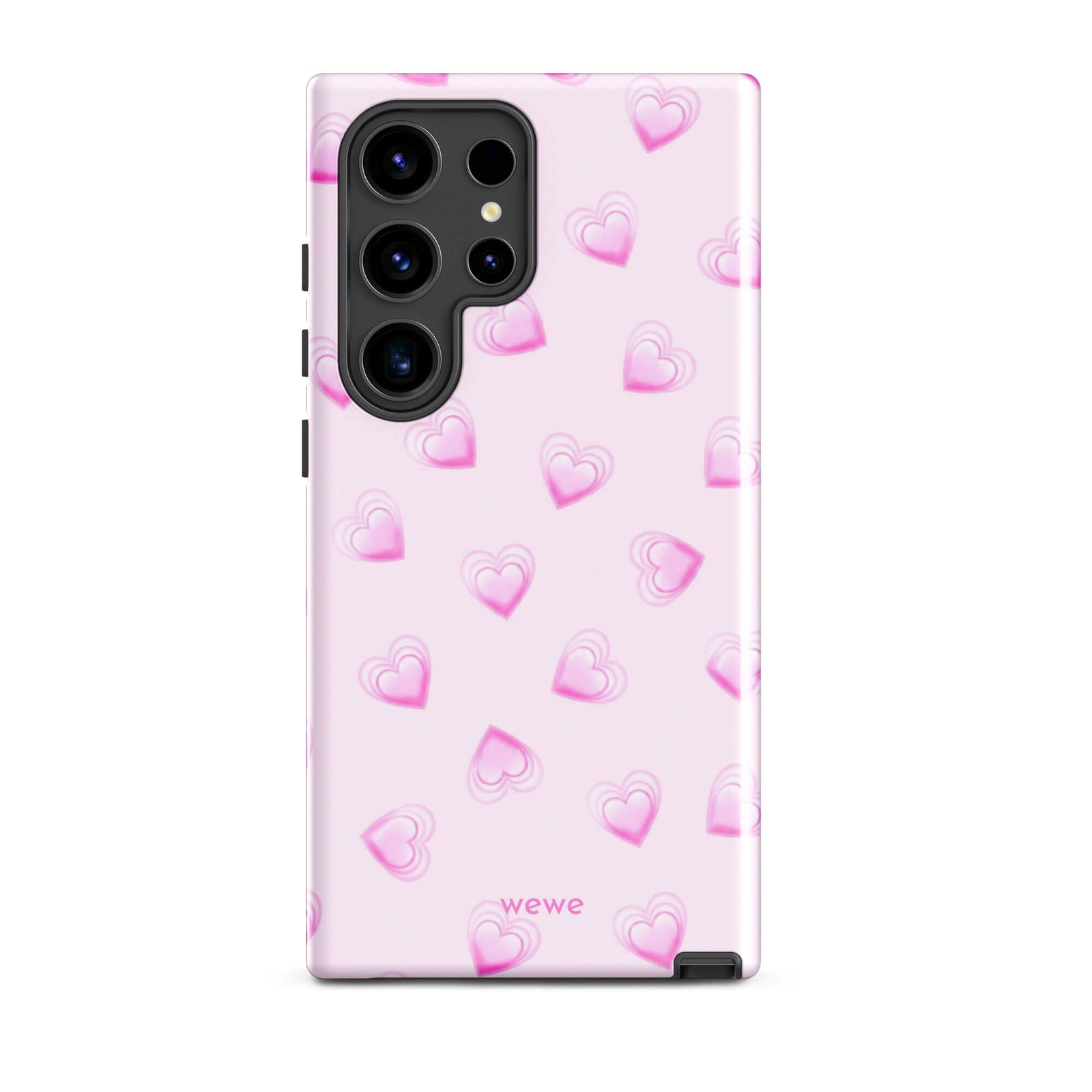 Pink Mini Heart Phone Case featuring scattered small gradient-pink hearts and layered outlines on a pale blush background