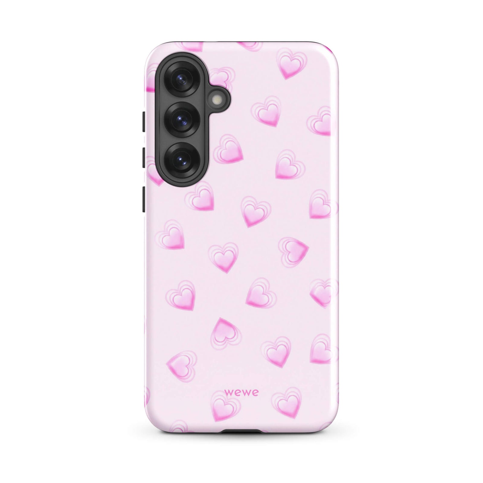 Pink Mini Heart Phone Case featuring scattered small gradient-pink hearts and layered outlines on a pale blush background