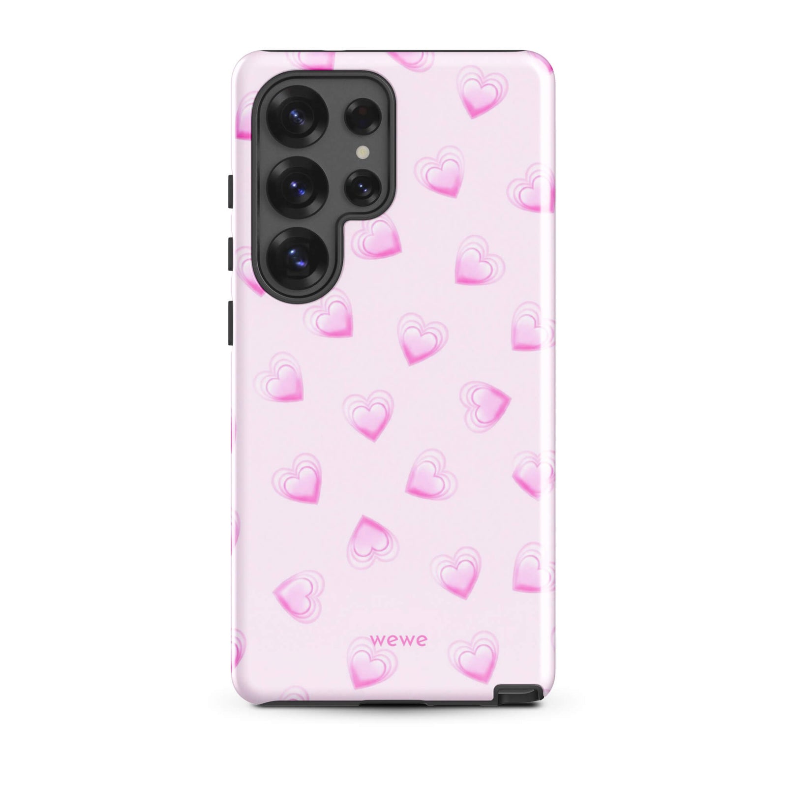 Pink Mini Heart Phone Case featuring scattered small gradient-pink hearts and layered outlines on a pale blush background