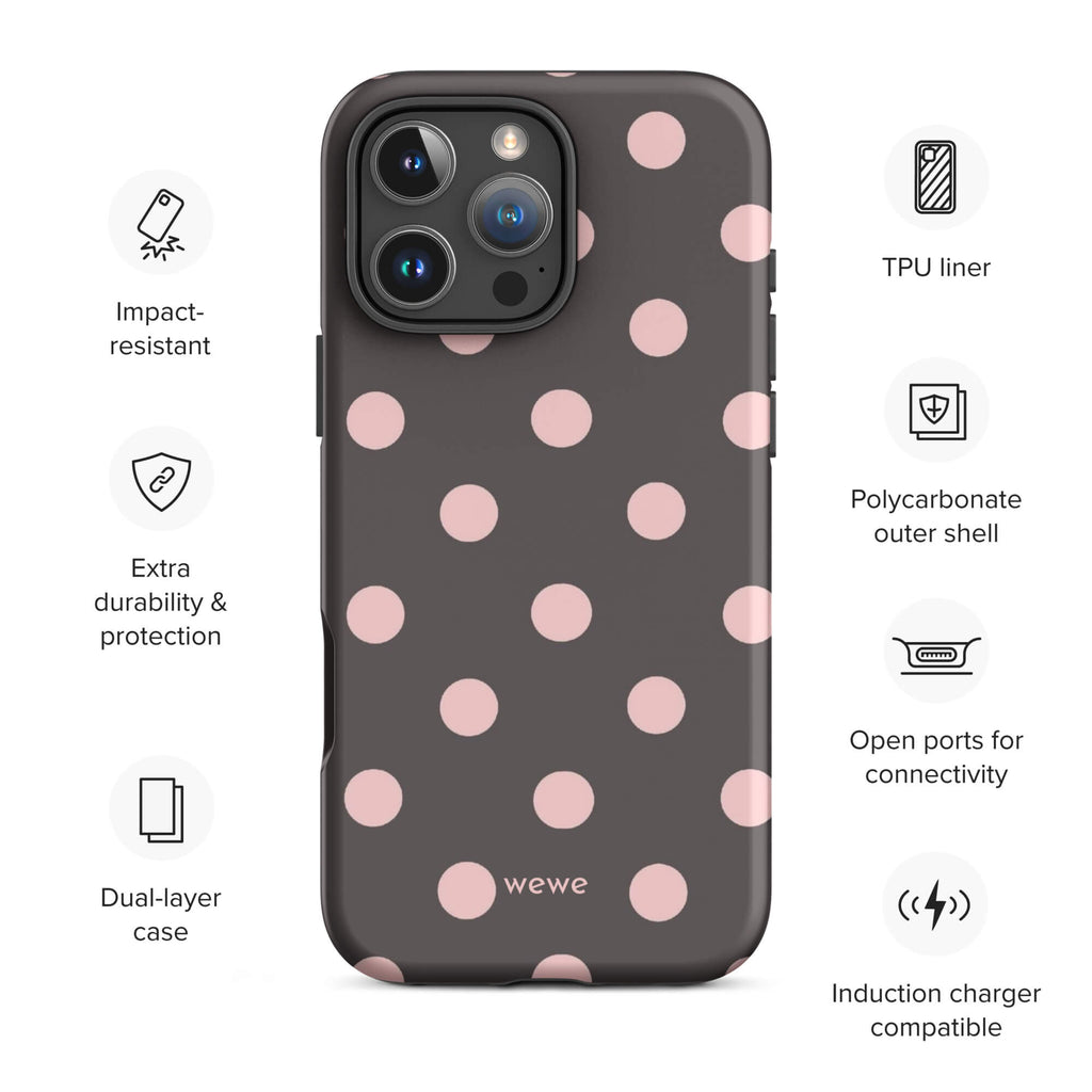 Custom retro pink polka dot iphone case 16 pro max wireless charging compatible.