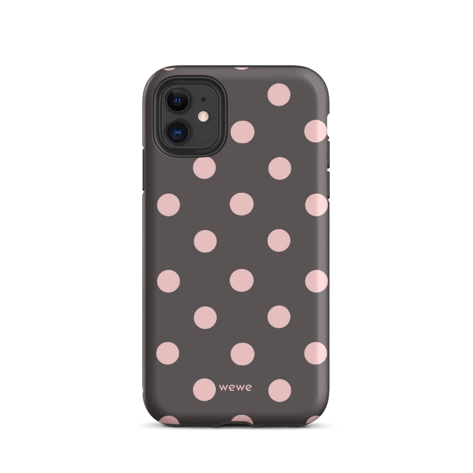 Custom iPhone 11 tough case in matte dark grey/charcoal with large light pink (blush) polka dots and 'wewe' branding at the bottom.
