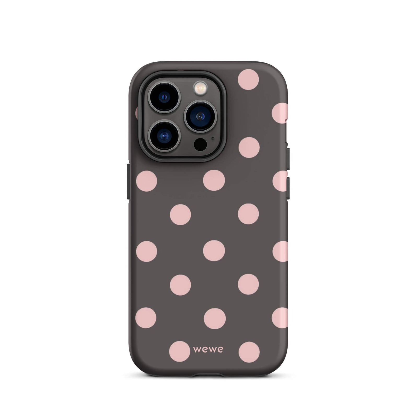 Custom iPhone 14 pro tough case in matte dark grey/charcoal with large light pink (blush) polka dots and 'wewe' branding at the bottom.