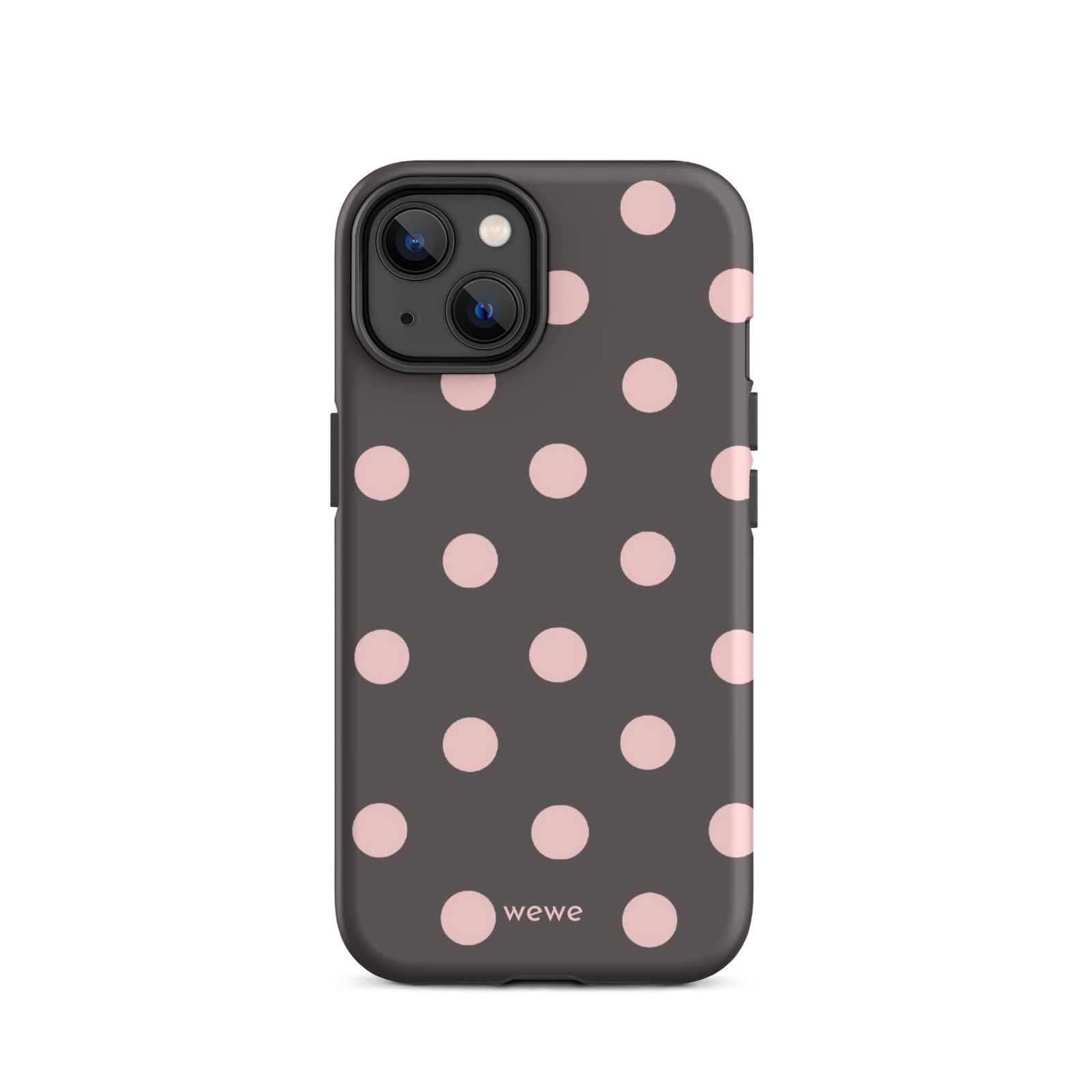Custom iPhone 14 tough case in matte dark grey/charcoal with large light pink (blush) polka dots and 'wewe' branding at the bottom.