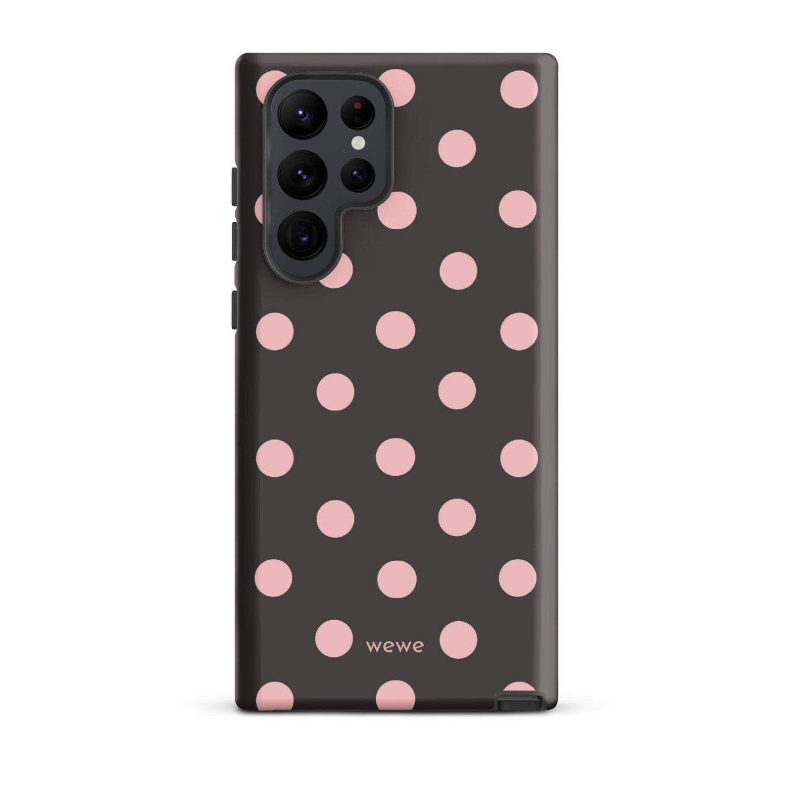 Custom samsung galaxy s22 ultra tough case in matte dark grey/charcoal with large light pink (blush) polka dots and 'wewe' branding at the bottom.