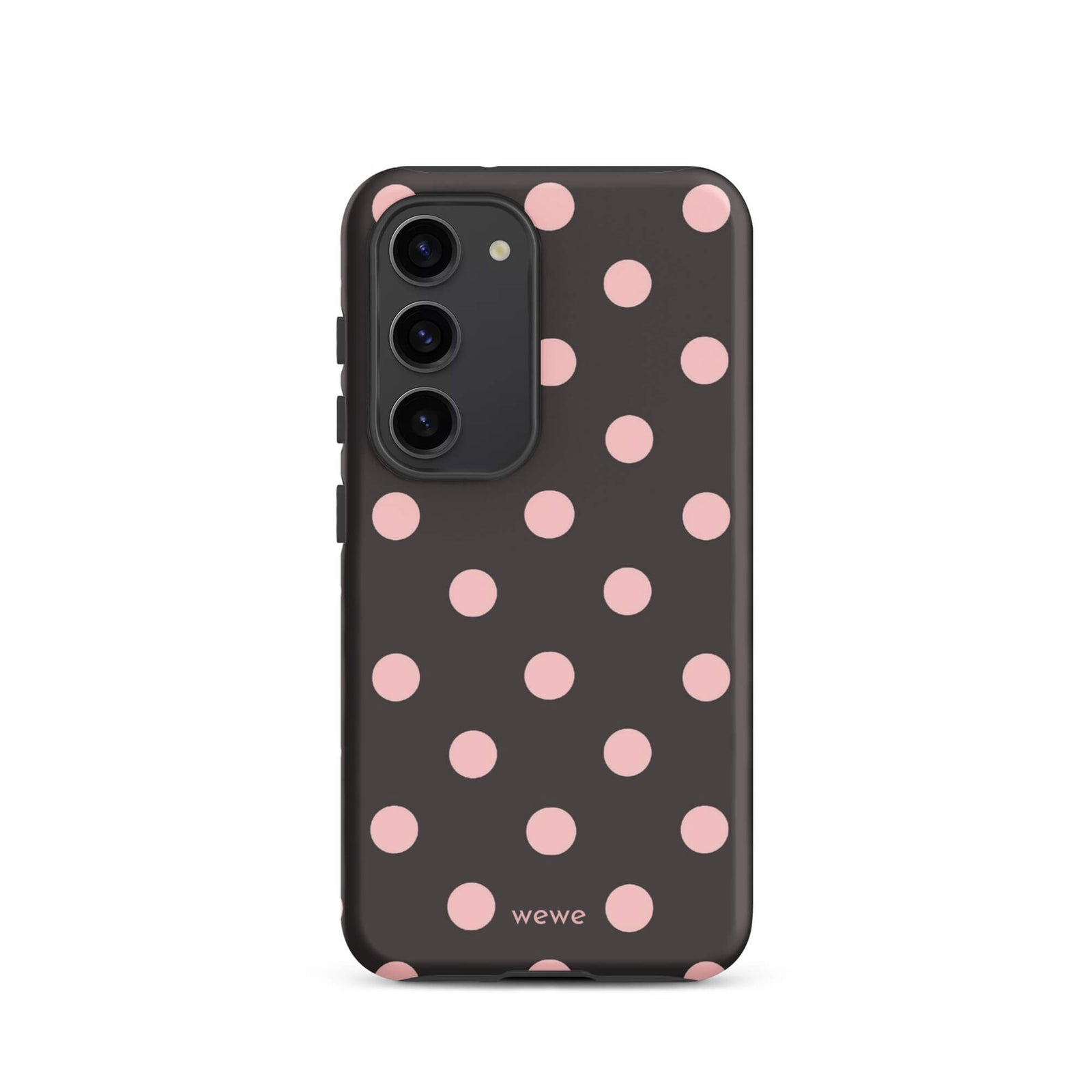 Custom samsung galaxy s23 tough case in matte dark grey/charcoal with large light pink (blush) polka dots and 'wewe' branding at the bottom.
