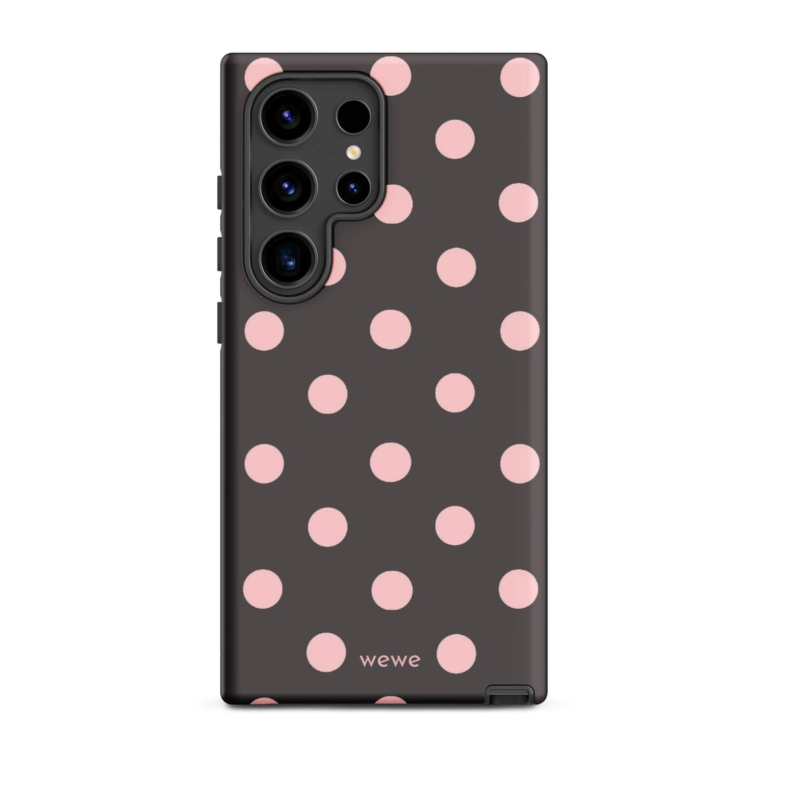 Custom samsung galaxy s24 ultra tough case in matte dark grey/charcoal with large light pink (blush) polka dots and 'wewe' branding at the bottom.