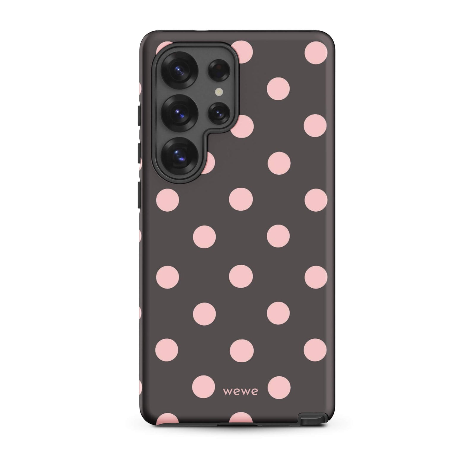 Custom samsung galaxy s25 ultra tough case in matte dark grey/charcoal with large light pink (blush) polka dots and 'wewe' branding at the bottom.