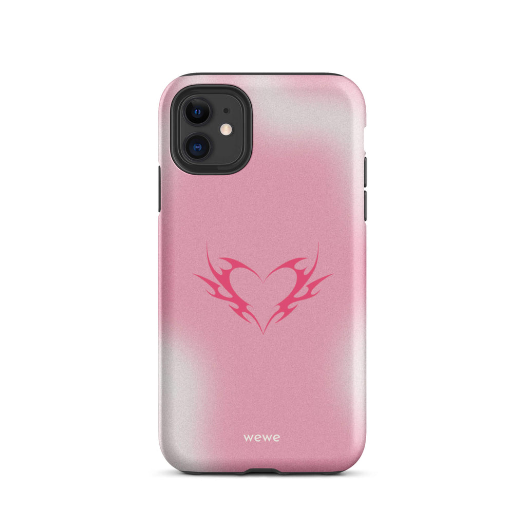Custom iPhone case 11 with a pink and white ombre background and a vibrant pink tribal heart design.