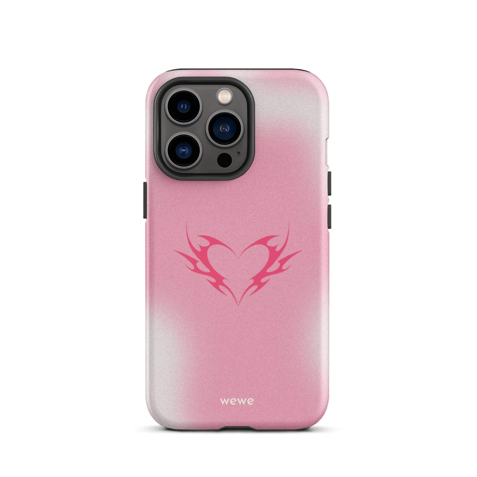 Custom iPhone case 13 pro with a pink and white ombre background and a vibrant pink tribal heart design.