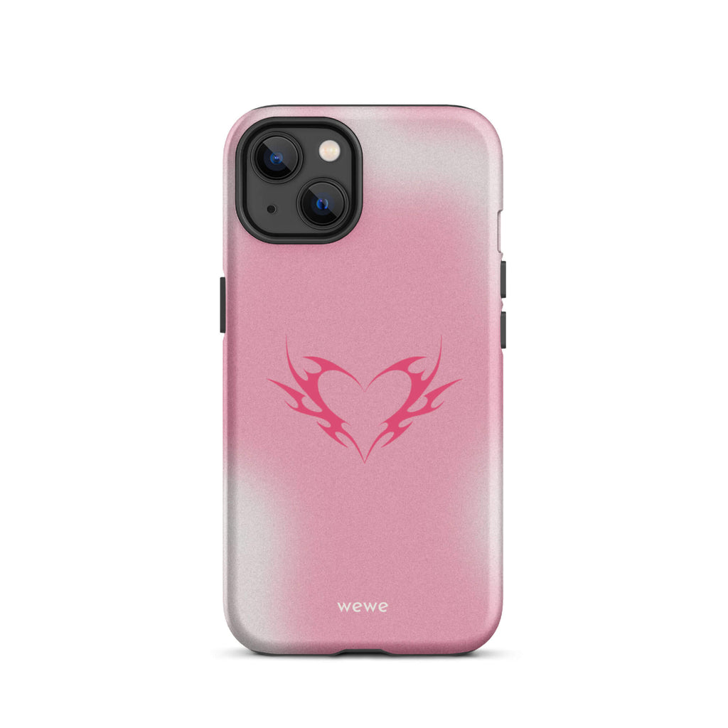 Custom iPhone case 13 with a pink and white ombre background and a vibrant pink tribal heart design.