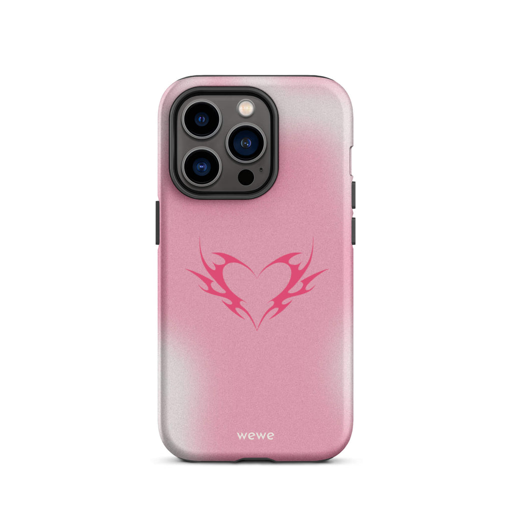 Custom iPhone case 14 pro with a pink and white ombre background and a vibrant pink tribal heart design.