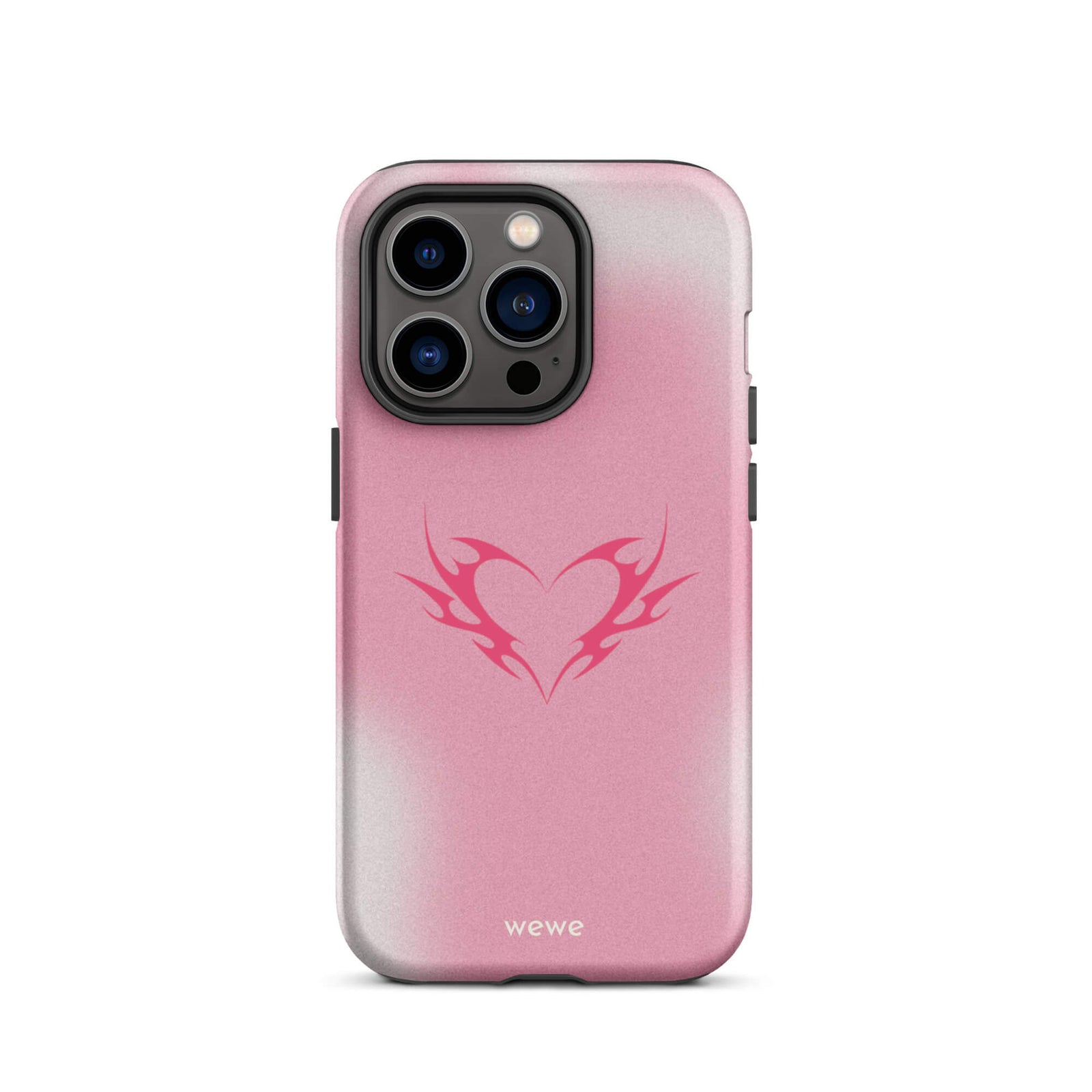 Custom iPhone case 14 pro with a pink and white ombre background and a vibrant pink tribal heart design.