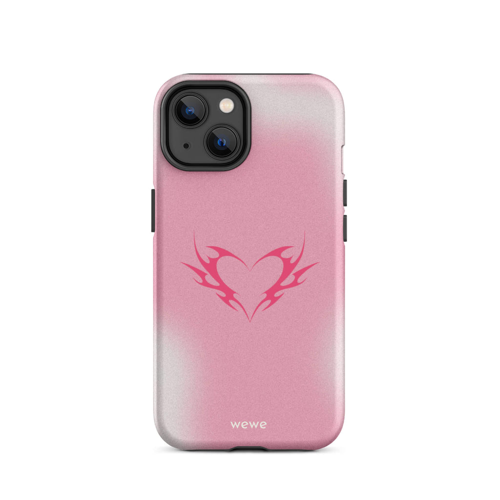 Custom iPhone case 14 with a pink and white ombre background and a vibrant pink tribal heart design.