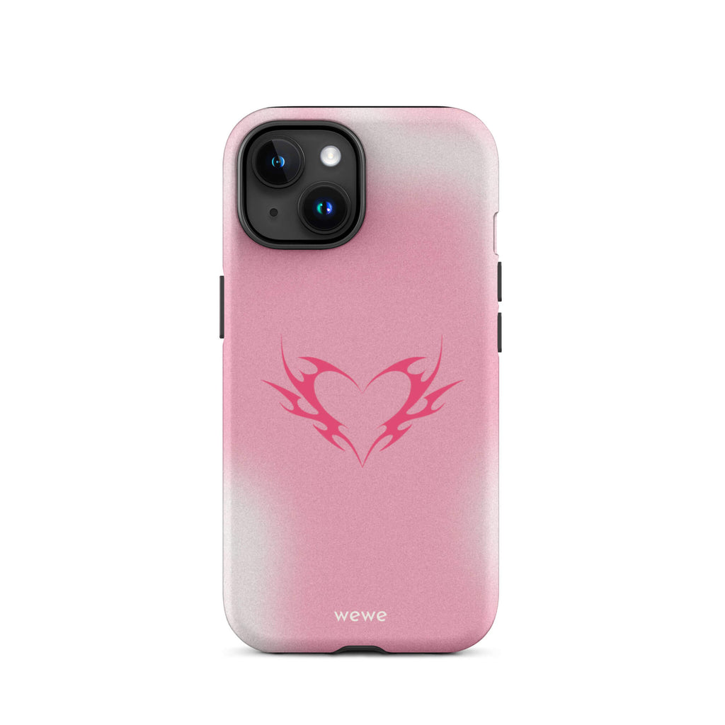 Custom iPhone case 15 with a pink and white ombre background and a vibrant pink tribal heart design.
