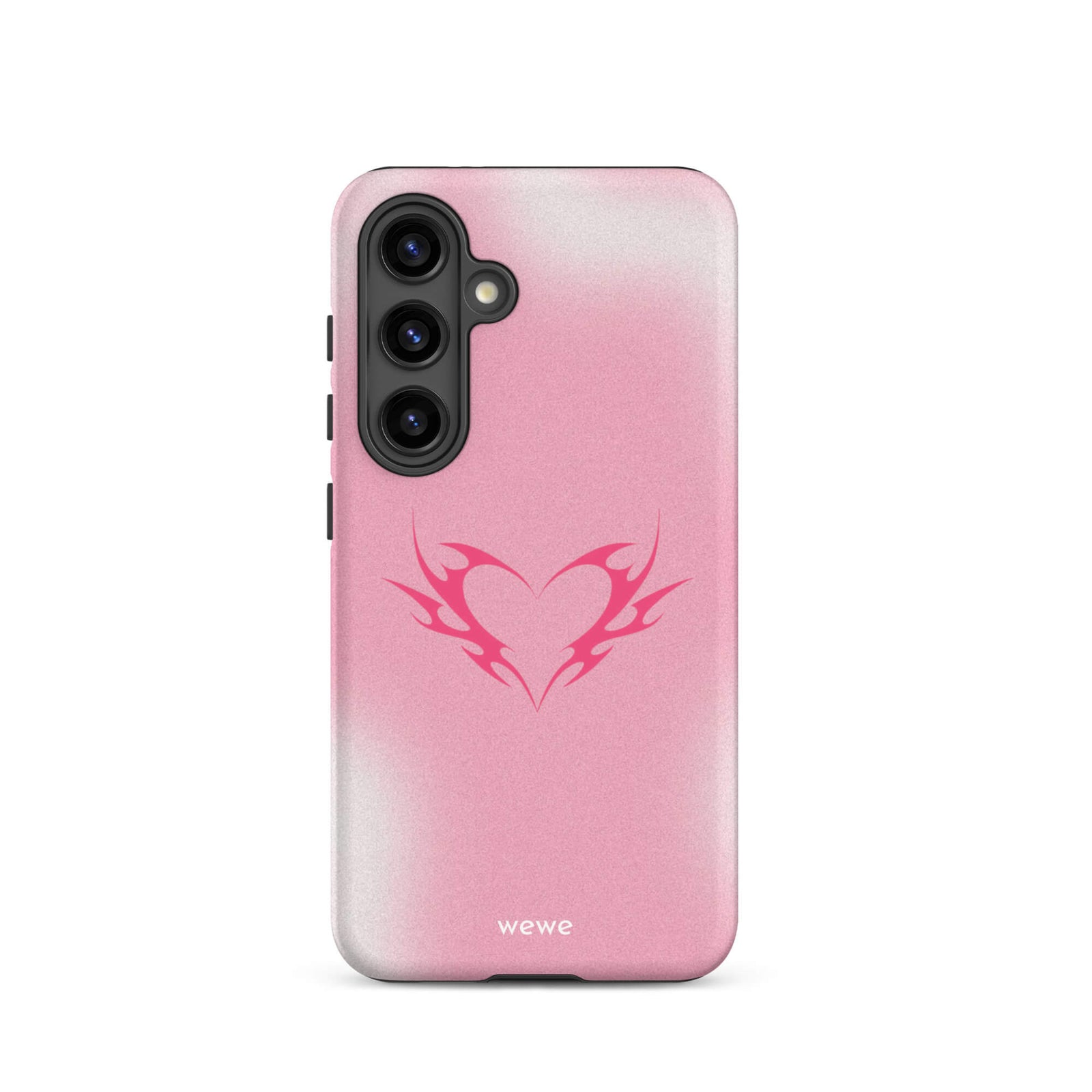 Custom samsung galaxy s24 Phone case with a pink and white ombre background and a vibrant pink tribal heart design.