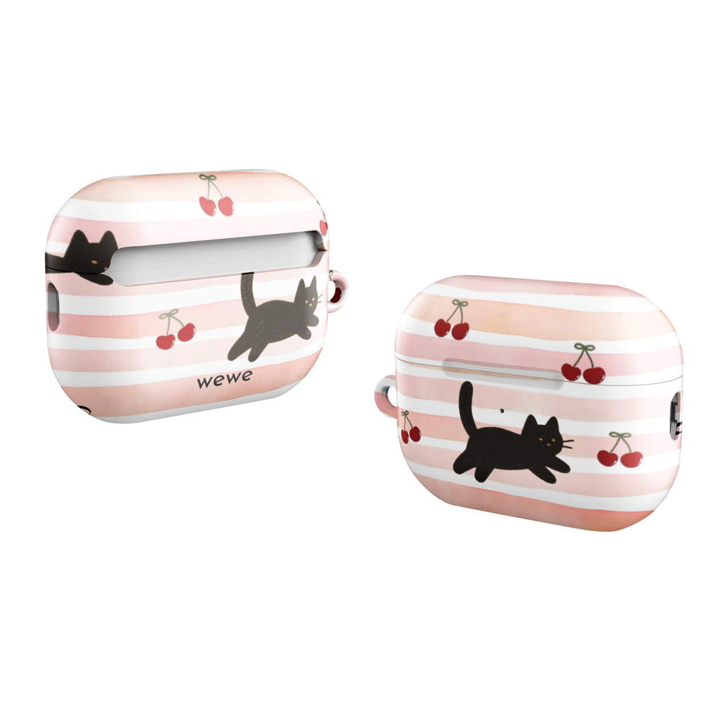 Custom airpods case pro gen2 with a cute pattern of black cats, cherries, and ribbon bows on a pink and white striped background.